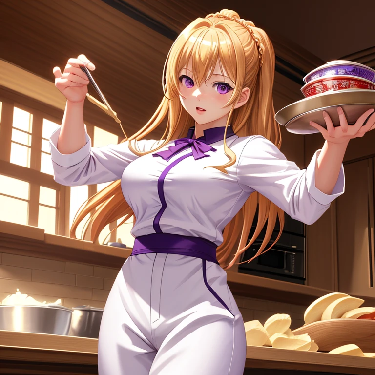 A high resolution, tmasterpiece, at least it has, Halberd-Eating Horse, blond hairbl, Alone, 1个Giant Breast Girl, cute big breasts, 詳細な目, long whitr hair, a purple eye, Chef outfit, White jacket, white pantie
