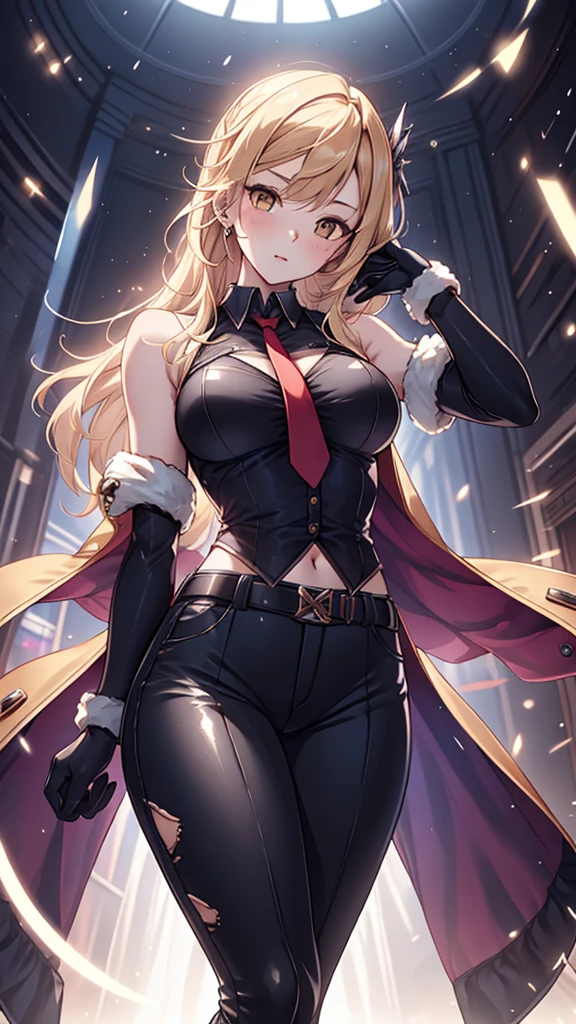 ((masterpiece)), ((best quality)), 1girl, adult, long hair, ((blonde hair)), very long blonde hair, ((intimidant look)), ((close-up)), profile image, green eyes, black and red clothes, sexy, dark colors, brillant eyes, ((coat with fur)), ((wavy hair)), exposed skin, ((sexy pose)), ((intimidant look)), good anatomy, ((dark sage clothes)), ((straight cut bangs)), emotionless, intimidant, ((beautiful eyes)), dark background, close up, ((detailed eyes)), beautiful eyes, ((detailed face)), hair bang, frontal look, evil, relaxed, smile, magical goddess othinus, detailed face, eyepatch, full body, ((detailed))