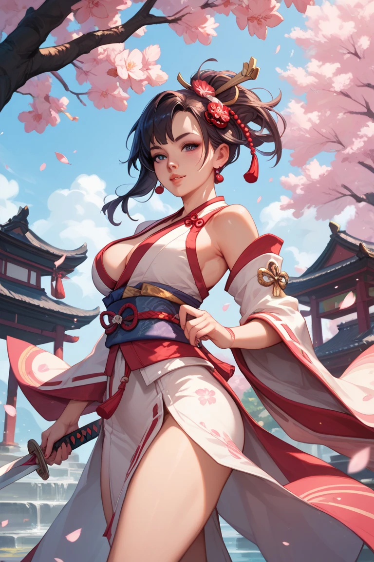 Japanese Beauty,Cherry Blossoms,Petals are just beginning to fall, In a park rich in nature、plant, (((sexly姿势的杰作))), ((best quality)), ((complicated)), ((Surrealism)), Mature woman, Mature woman, , Very detailed, shape, mai Shiranui, ((Huge breasts)), Perfect hands, finger details, beautiful eyes, ponytail,Brown eyes, (mai Shiranui suits:1.2), earrings, Long detailed background, Perfect eyes, Charming eyes, Looking at the audience, Rosy cheeks,sexly,Cleavage,cute,Smile,beauty,Breast close-up,beauty breasts,Osaka Castle,Japanese Shrines,Lots of hair,Exquisite facial features,charming