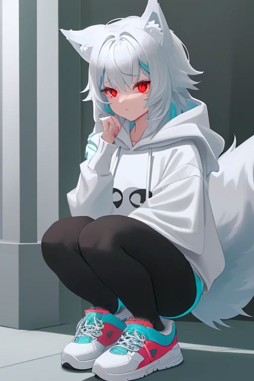 (best quality, highres, masterpiece:1.2), 1girl, nu-13, white hair, red eyes, eyepatch, ahoge, single braid, braid, pale skin, white pants, hoodie, thick thighs, pink background, simple background, best shadows, detailed eyes,