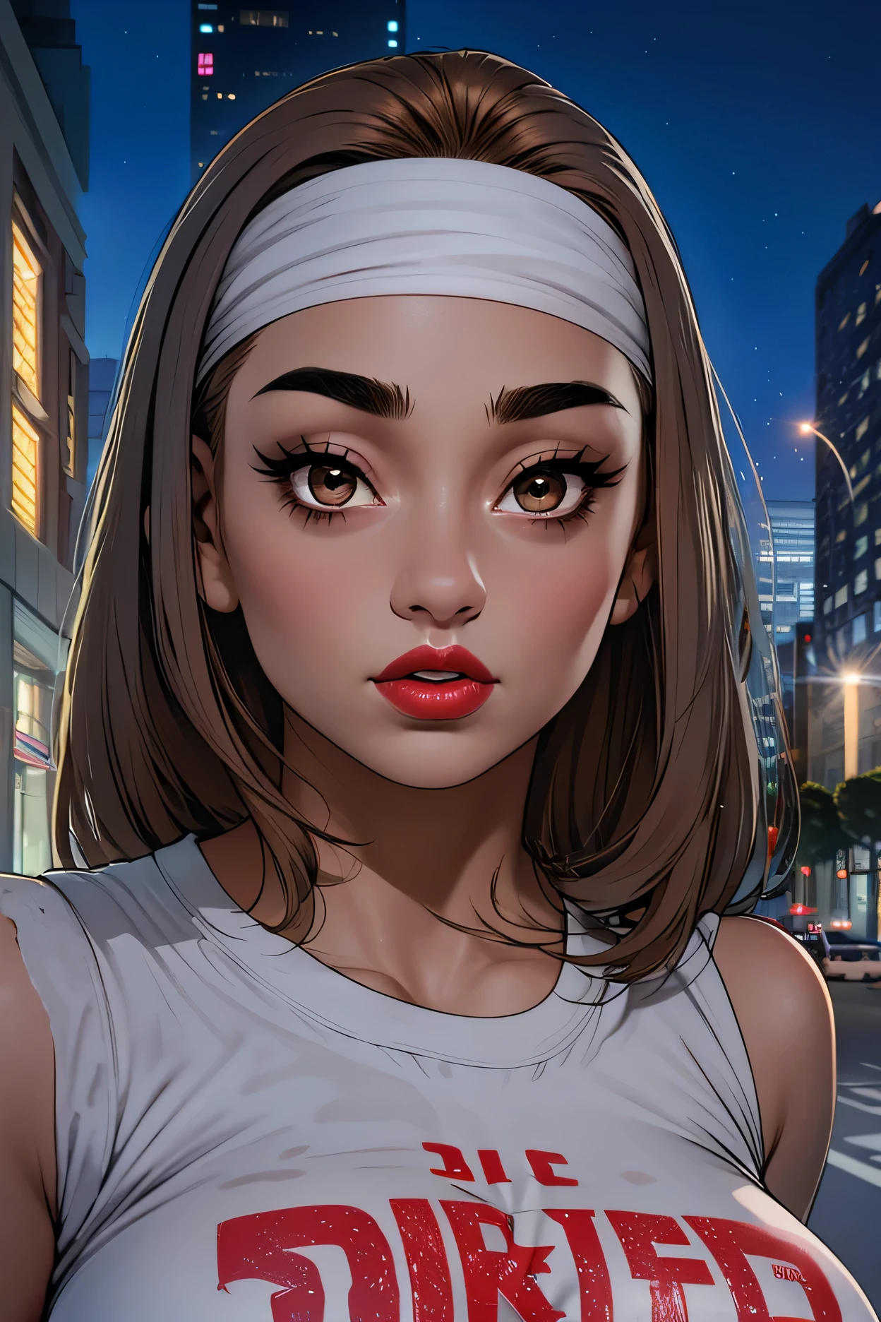 night sky, city street, perfect face, straight hair, lightest brown hair, white headband, black eyebrows, thick eyebrows, black eyeliners, big eyes, light brown eyes, bright red lips, thick lips, beautiful woman, white tank top