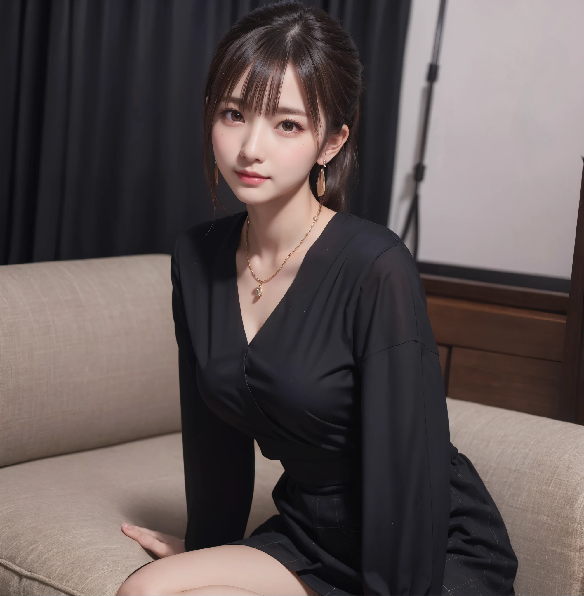 (Ultra-realistic), (An illustration), (high resolution), (8K), (very detailled), (最高のAn illustration),(CRU photo, best qualityer), (真实感, photorrealistic:1.4), Masterpiece artwork, Very delicate and beautiful, extremely detaild, 2k wallpaper, incredible, fine-details, very detailledなCGユニティ8kの壁紙, super verbose, high resolution, beautiful detailed girl, very detailledな目と顔, Beautiful detailed nose, beautiful detailed eyes,cinematic lighting,Perfect Anatomia,Perfect promotion,(a shy smile, beautiful face), ((perfect legs, perfect legs, perfect hands, perfect hands指, perfect arms, a shy smile, The mouth is perfect)), looking directly at the camera, Ear fringes and fringes、necklase、 (((beautiful japanese girl)))、 ((((((Uma beautiful japanese girl de 20))))))、(((Huge G breasts))), (((Bursting with huge breasts!!!!))), (((attractive big breasts!!!!!!!))), (((huge boobies))), (((Full body writing))), (((seductively pose))), ((photo only)), ((Bblack hair)), (((slenderbody))), (((Wearing a black V-neck silk blouse, Black Skirt, low heel sandals and red lipstick))), ((((beautiful smiling))))