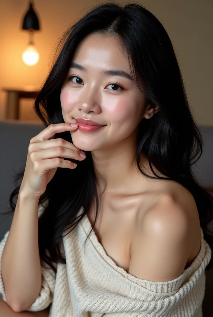 8K,Best quality, masterpiece, ultra high res, (photorealistic:1.4), raw photo, (Authentic skin texture:1.3), (film grain:1.3), (selfie angle),1girl,beautiful detailed eyes and face,masterpiece, best quality, (warm light:1.5),light smile,