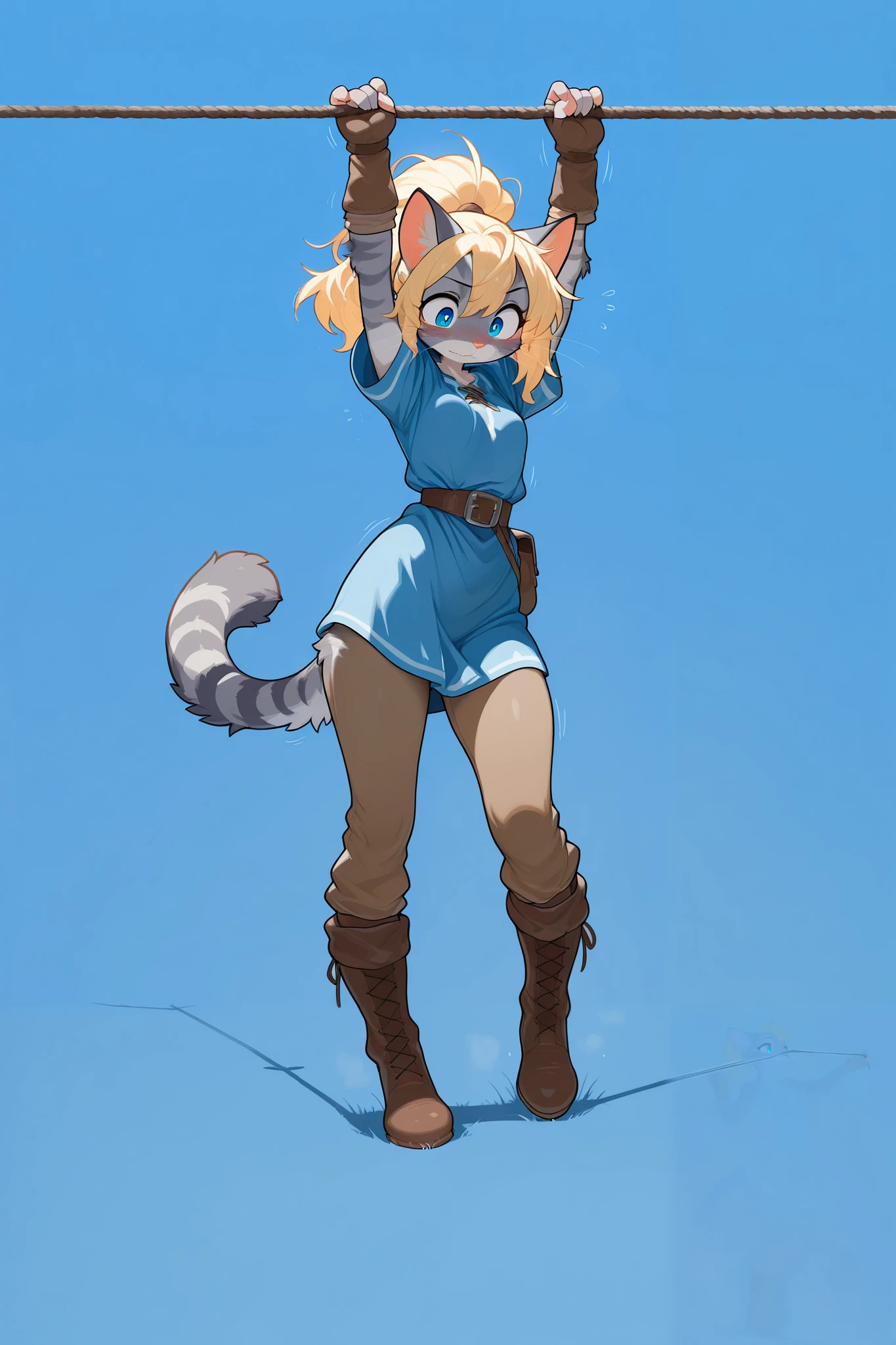 masterpiece, best quality, amazing quality, high resolution, absurdres, newest, furry, anthro, countershading, solo, katxl, Anthro furry feline, blue eyes, grey striped fur, blonde ponytail, spikey hair, slender body, pink nose, whiskers, small breasts, striped cat tail, wearing blue tunic, brown fingerless arm length gloves, brown pants, brown boots, she is holding onto a tightrope with her hand, she is holding onto a tight rope with her hands, , gradient bright blue background, she is struggling, 