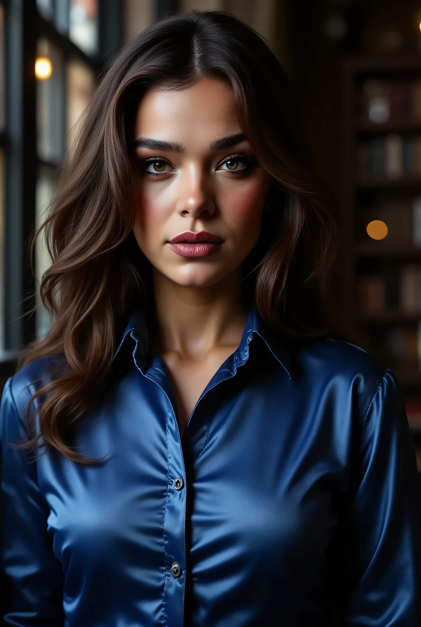 arafed woman wearing blue satin collared shirts, (buttoned up), long sleeves, black , looking at viewer, sensual expression, lawyers office, night