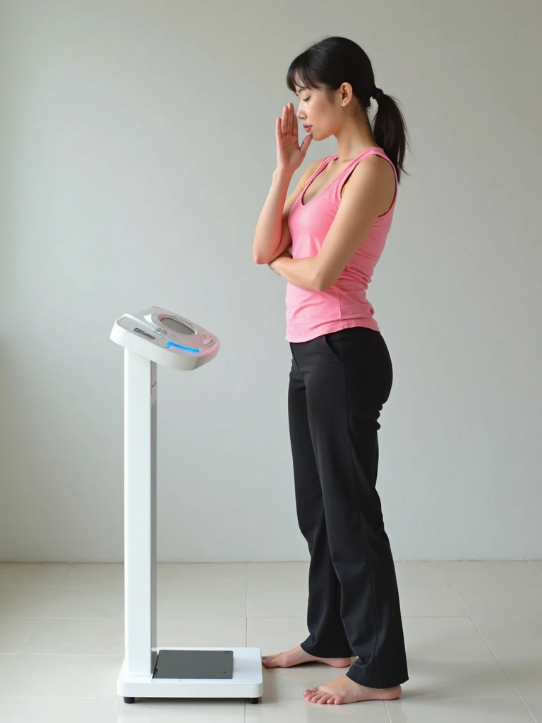 A stylish woman in a bikini and high heels, posing next to a standing beauty device in a modern studio. The model presents the device with a graceful hand gesture, her other hand resting on her hip. The background is a pure white, enhancing the professional and clean look of the image. Soft, diffused lighting emphasizes the woman's fit physique and the elegance of the machine. High detail, sharp focus, HD quality, studio photography --ar 2:3 --v 6.0