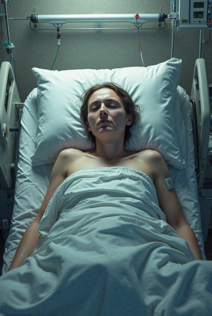 A 25-year-old woman who underwent heart surgery。Height 169cm Hairstyle: Short。A bulbous nose with long nostrils。The face is vertically long。He is wearing a surgical gown and lying in an intensive care bed.。A woman with tubes connected to her body。has a red linear scar 25cm long down the midline of her chest from a sternotomy。Crying in pain from the wound。