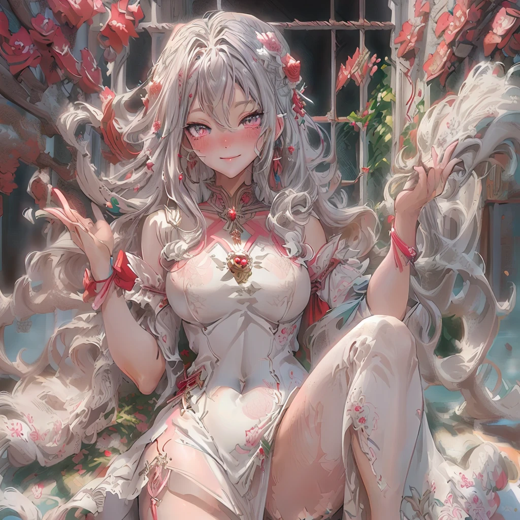 (Best quality,4K,8K,A high resolution,Masterpiece:1.2),Ultra-detailed,(Realistic,Photorealistic,photo-realistic:1.37),hdr,hyper HD,Studio lighting,Ultra-fine painting,Sharp focus,Physically-based rendering,Extreme detail description,professional,Horror,anime big breast,Sci-fi,Photography,Concept artist,A 20-year-old woman is covered in vines and plant flowers ,long white hair, There are red stripes on the forehead, Height 160cm, Pale skin, Red eyes, small tits, Thin body type, Show a confident expression, sly grin, seen from the front, floating in air, View a full-body map,((white backgrounid)),Cospaly Promotion,All roles,Shot with Canon 5D MK4,Cospali photo.