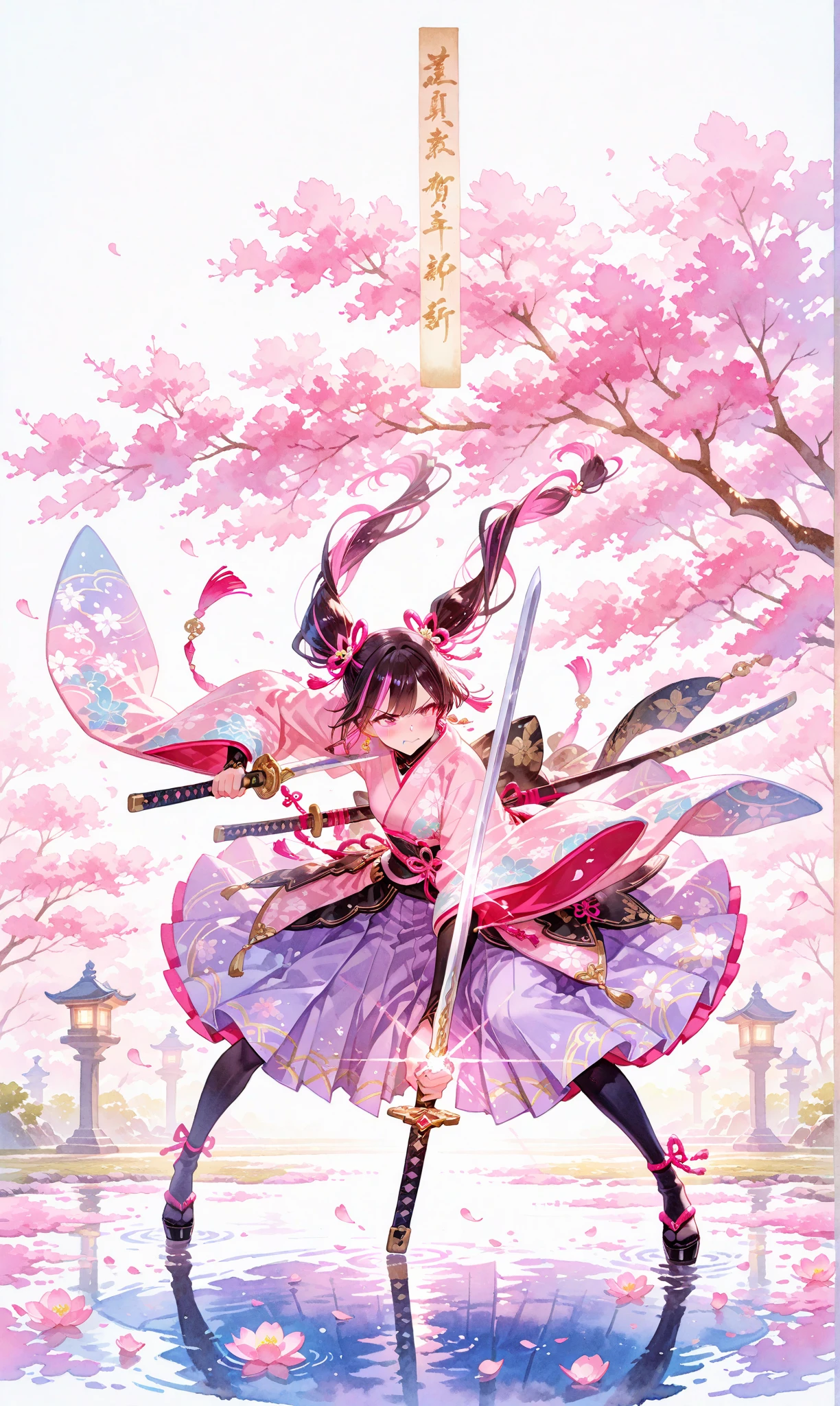 highest quality、Very delicate and beautiful、Very delicate and beautiful、(Beautiful eyes)、Pink Eyes、I、I、、13 years old 、Japanese、、Chiquita、(armor)、(Black Hair)、((Pink leotard))、(High leg)、Tiara on head、Laughter、standing、((Japanese sword in right hand))、Look forward、((The background is space))