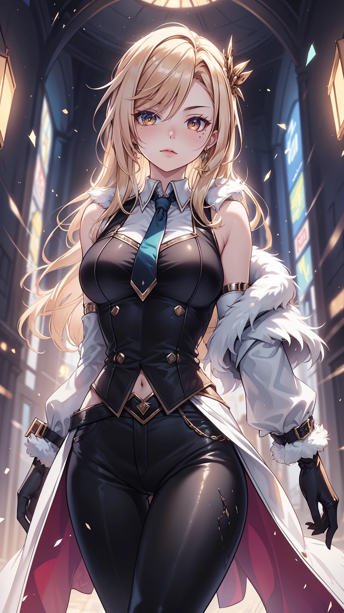 A woman wearing a white long-sleeved t-shirt, black office girl skirt, black transparent tights, black heels, big breasts, wearing a luxury fur cape, long cape, cape with white details, long blonde hair, blue eyes, smiling , standing, in a luxury office with white walls, luxurious blue glass window, luxury weights,,UHD , prime work , accurate , anatomically correct , textured skin , super details , high quality , best quality, 8k, high resolution, bokeh effect. (woman alone), close view. realistic