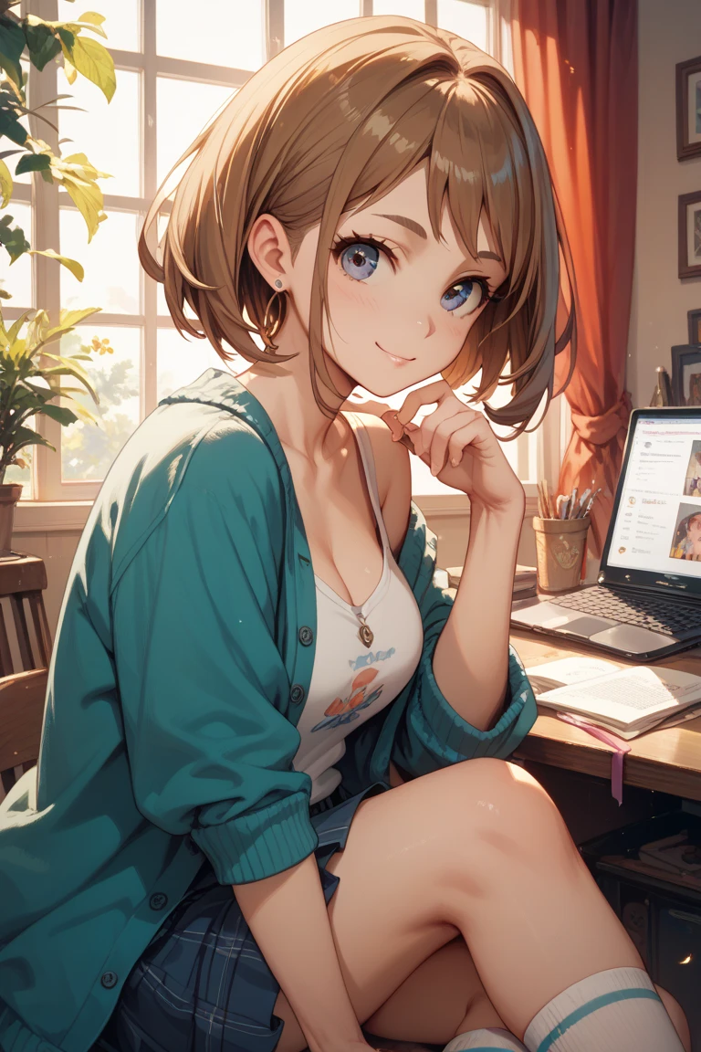 masterpiece, best quality, (Attractive woman), 28 years old, medium length hair, straight hair, bangs, model, large breasts, brown eyes, sitting, (using computer), (camisole), (dolphin shorts), her room