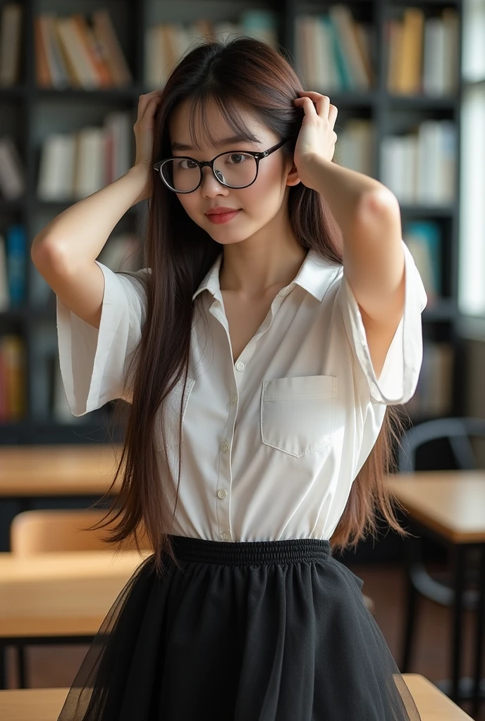 Four 12-year-old high school girls, very long hair like rapunzel,plain black color,innocent face, tender,small frame glasses,totally naked, perfect erect nipples, very big huge breasts, thin waist, long and shapely legs, School, classroom,desk, board, desks with notebooks and pencil (taking selfies with the phone)Best Quality, Masterpiece, high resolution, 8k, (realist: 1.4), Ultra high resolution, ultra detailed, Surreal, highly detailed CG illustration, Official Art, cinematic light,hyperreality,最high quality, Photoreal, 8k, high resolution, thin skin, 8k hd, Digital single lens reflex camera, Luz outfit, high quality, film grain, fuji xt3