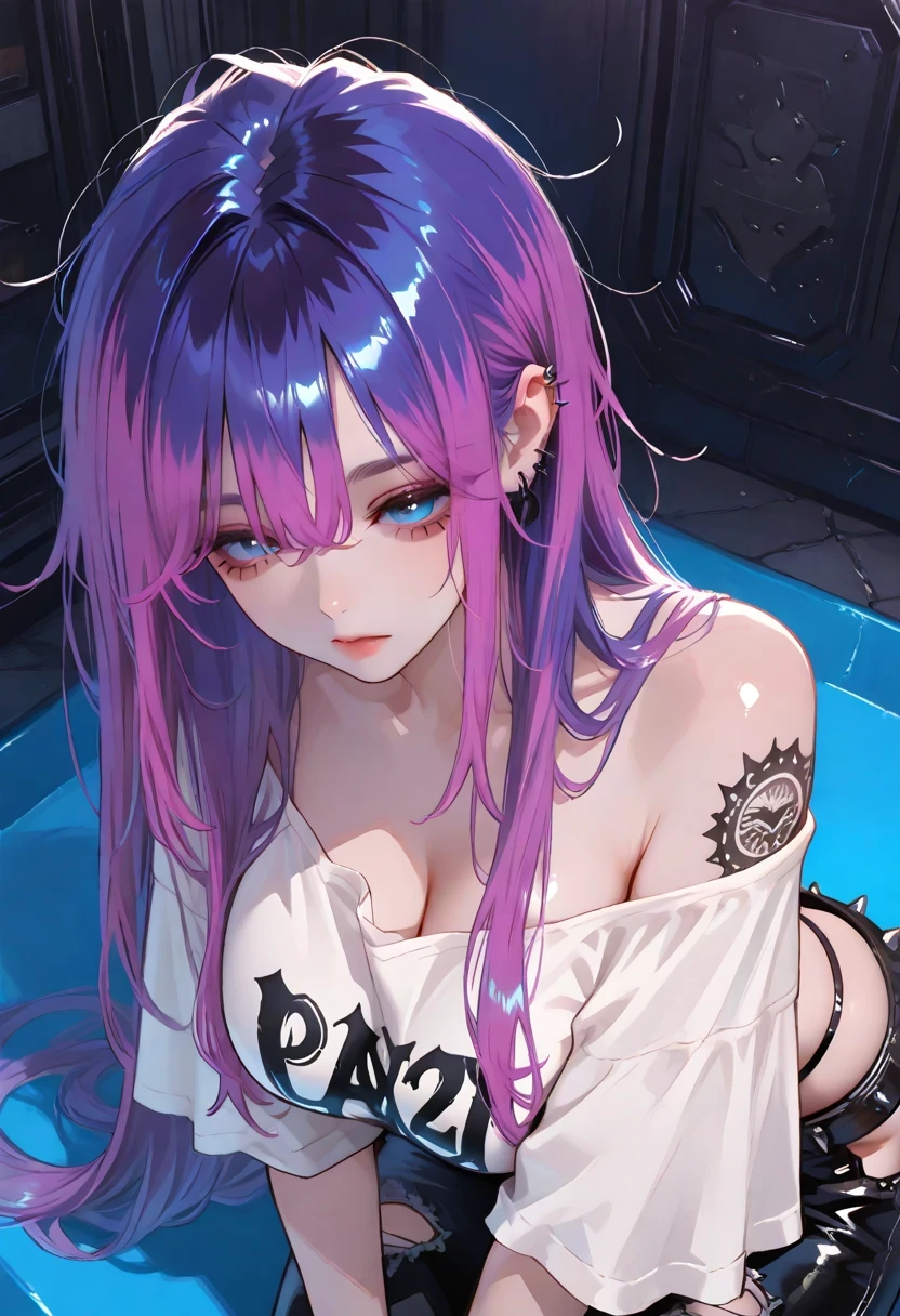 portrait of a 21-year-old woman , (big breasts:0.9), tattoo, (( punk style fashion))) ,( BLOUSE GROWING DOWN ,loose tee, lean forward,) long hair, Woman with violet hair and blue eyes, Close, gentle face, disheveled hair, shiny hair, isometric style plateau, Ideal Body, Perfect Eyes, Princess Look , perfect hand, clear highlights , Perfect Eyes, thong pants,