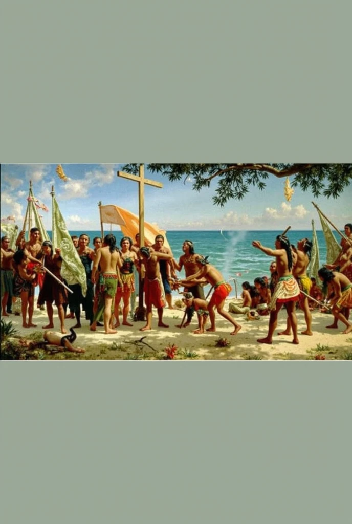 Spaniards dressed in ancient clothes burn the Indian Hatuey at the stake