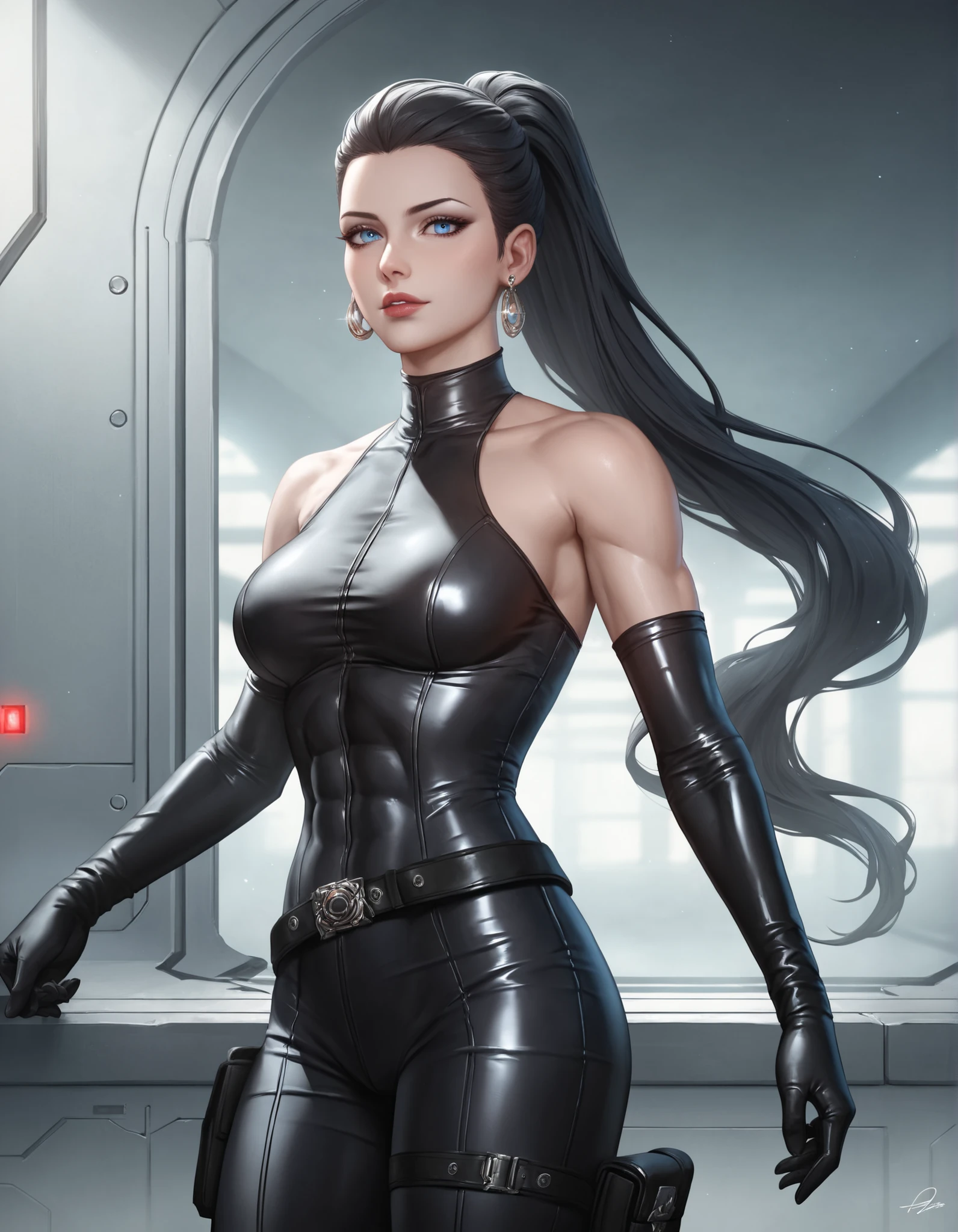 A (Chinese) female, with long dark (black) hair, blue eyes, pale (grey skin), (athletic), tall woman, (alluring fighter), (cute) martial-arts garb, (humanoid) alien, (Sci-fi) fantasy, (medium shot), perfect composition, hyper-detailed, 8K, high quality, (perfect eyes), trending art, sharp focus, studio photo, intricate details, (Pin-up) pose