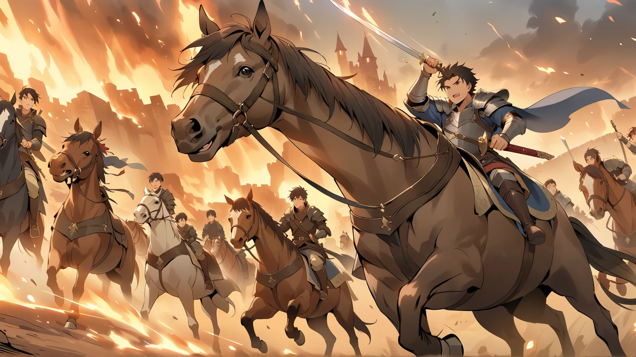 fantasy。middle ages。A young male warrior riding a horse and holding a sword while facing the enemy on the battlefield。A warrior who runs through a battlefield on horseback。The castle is burning in the distance。war。count４people。Enemies are coming。anime style。brave expressions。Lots of enemies and lots of friends