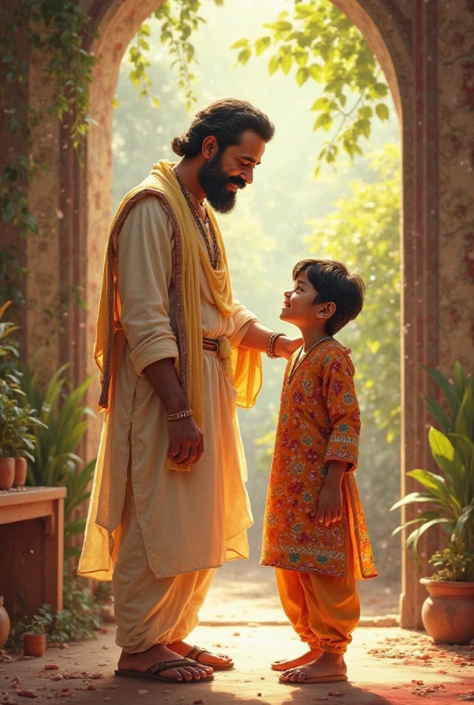 A small Krishna in the lap of a man. There is an ancient hut behind. There are flowers all around.