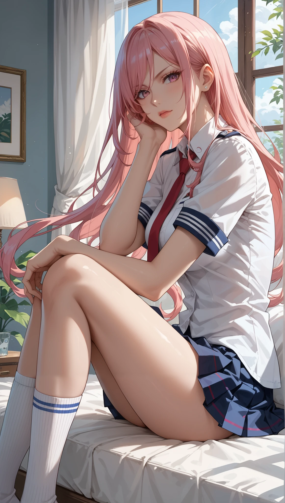 score_9, score_8_up, score_7_up, score_6_up, score_5_up, score_4_up, sauce_Anime, tag1, Tag 2, quality_masterpiece, anatomically accurate, beautiful face, perfect face, face and eyes beautifully depicted in every detail, Attractive face, Delicate Facial Features , Detailed skin, young woman, long hair, pink ash-colored hair, (athletic body), medium breasts, Glare, Shion, pose, side shot, wearing highschool uniform, knee socks, inside bedroom