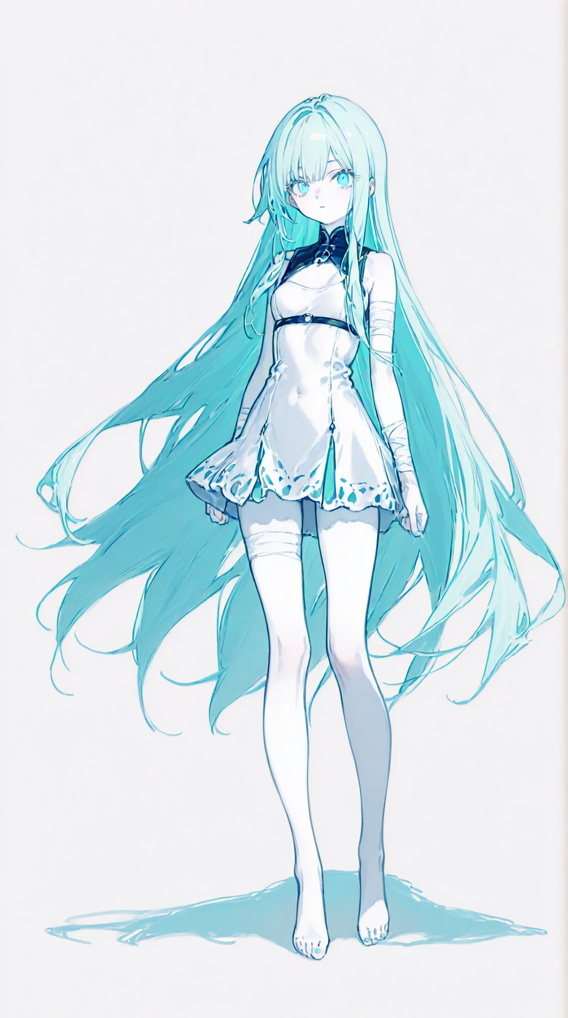 masterpiece、completely complete、super quality、best quality、 mysterious 、no expression、cool、 beauty、delicate、very long hair、hanging eye、sharp eyed、straight hair、long hair、anime style、(( aqua blue hair ：1.5))、((Aqua blue eyes：1.5))、bungs、pure white skin、Original Characters、intricate design、Unique Design、long eyelashes、full bodyの描画、request、Possible Adoption、full body、background、((白いbackground:1.5))、full body、pure white skin、background無地、backgroundなし、characters only、 dull colors 、 tattered clothes、Undead、bandage。