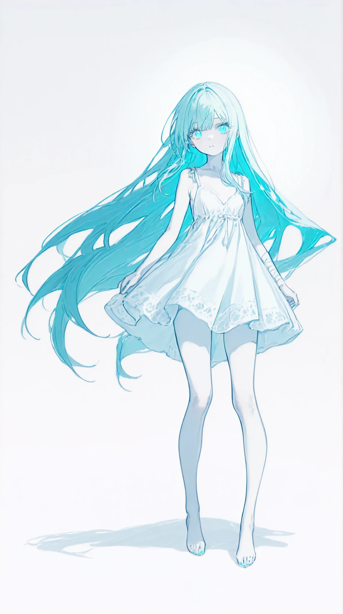 masterpiece、completely complete、super quality、best quality、 mysterious 、no expression、cool、 beauty、delicate、very long hair、hanging eye、sharp eyed、straight hair、long hair、anime style、(( aqua blue hair :1.5))、((Aqua blue eyes:1.5))、bungs、pure white skin、Original Characters、intricate design、Unique Design、long eyelashes、full bodyの描画、request、Possible Adoption、full body、background、((白いbackground:1.5))、full body、pure white skin、background無地、backgroundなし、characters only、 dull colors 、 tattered clothes、Undead、bandage。