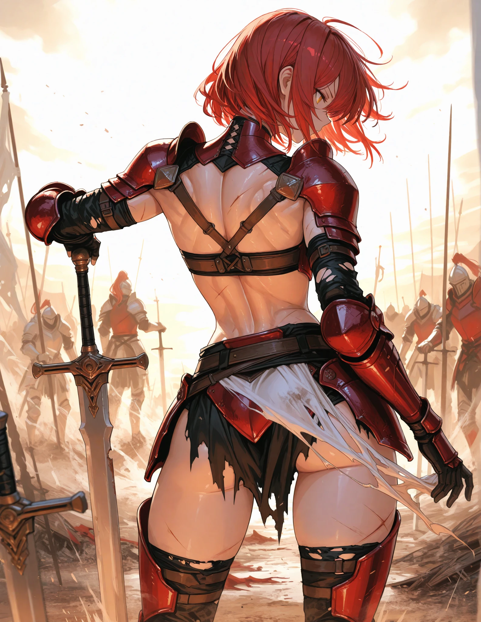 Warrior Girl, short red hair with, black torso sleeveless armor with a scarf, long black metal boots, white skirt, white panties, with a short Sword