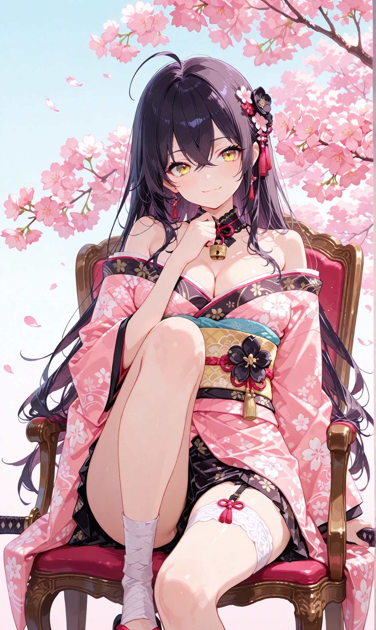 hydrangea、Frog、Pink-black hair、Red eyes、One beautiful girl、alone、anime、Checked mini skirt、Black camisole、Black T-shirt、kimono、Wear a ribbon、Ribbon at waist、Stone slabs are piled up、Crystal Earrings、Jewelry Necklace、Light and shadow、clock、petal、Tilt&#39;Face、Teeth are visible、Water Spirit、Cube、moonlight、ability