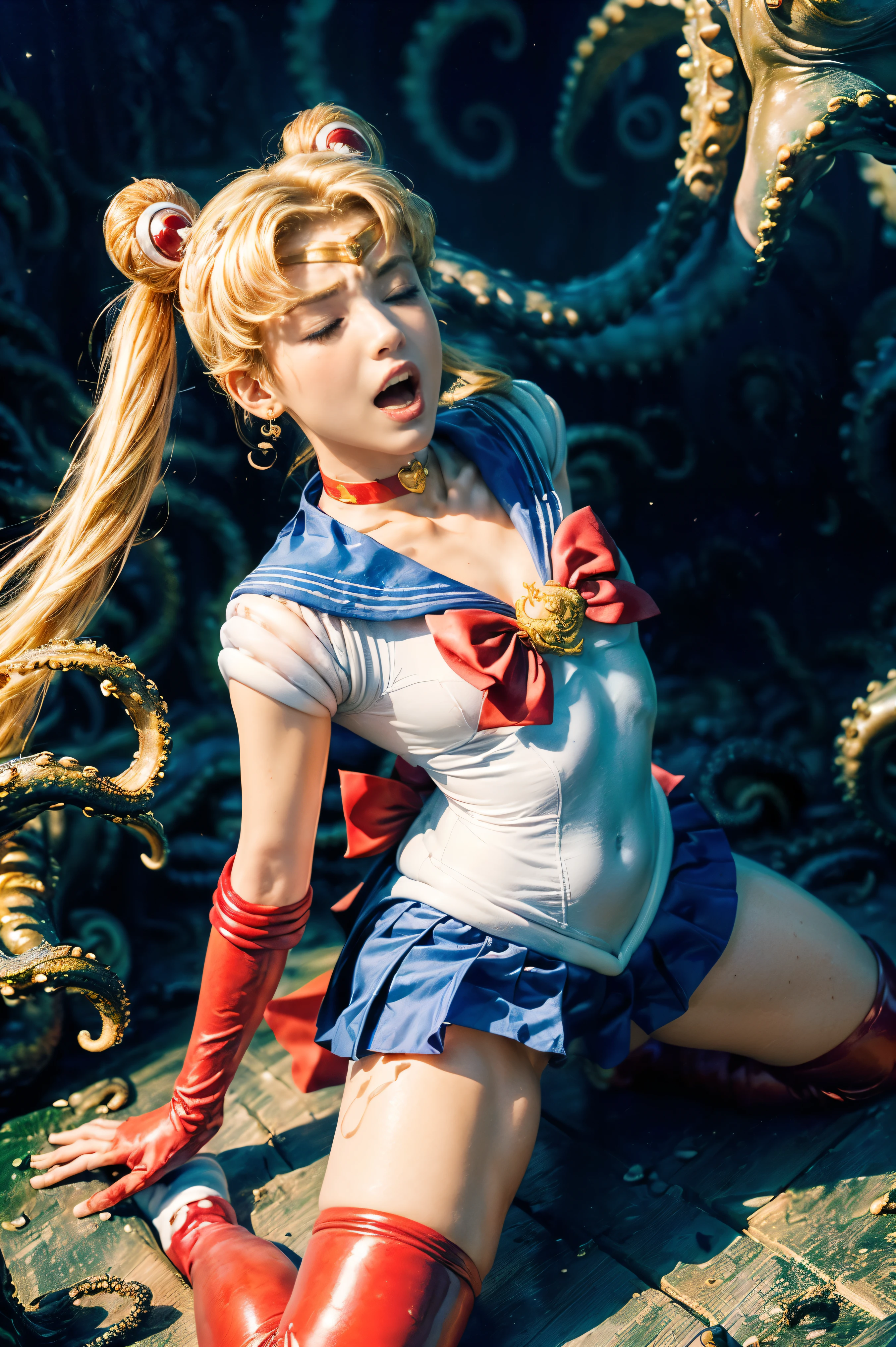 (The 8k quality, Ultra-high resolution quality, Ultra high definition, Photorealistic, Best Quality):5.5, (​master piece):5.0, (no nsfw, (tentacle attack, tentacle wrapped body), The extreme oily skin Kraken uses its many legs to wrap around sailor moon's body violently, (depiction of rape by KRAKEN):1.5):15.0, (camera angle from front below view):7.0, (Beautifully shaped sailor moon fighting KRAKEN, (moon, blonde hair, (twin tail hair), sailor senshi uniform, sailor collar, red bow, knee boots, red choker, white gloves, red choker, elbow gloves, jewelry, earrings, blue skirt, white pantie), a little smaller breasts, bending backward, kneeling, striding on KRAKEN's leg, medium build, medium height):15.0, (sailor moon's body bound by many Kraken legs, attack KRAKEN's legs with golden chains):10.0, (closed eyes, screaming expression face):5.0, (Deck of an abandoned ship):4.0,