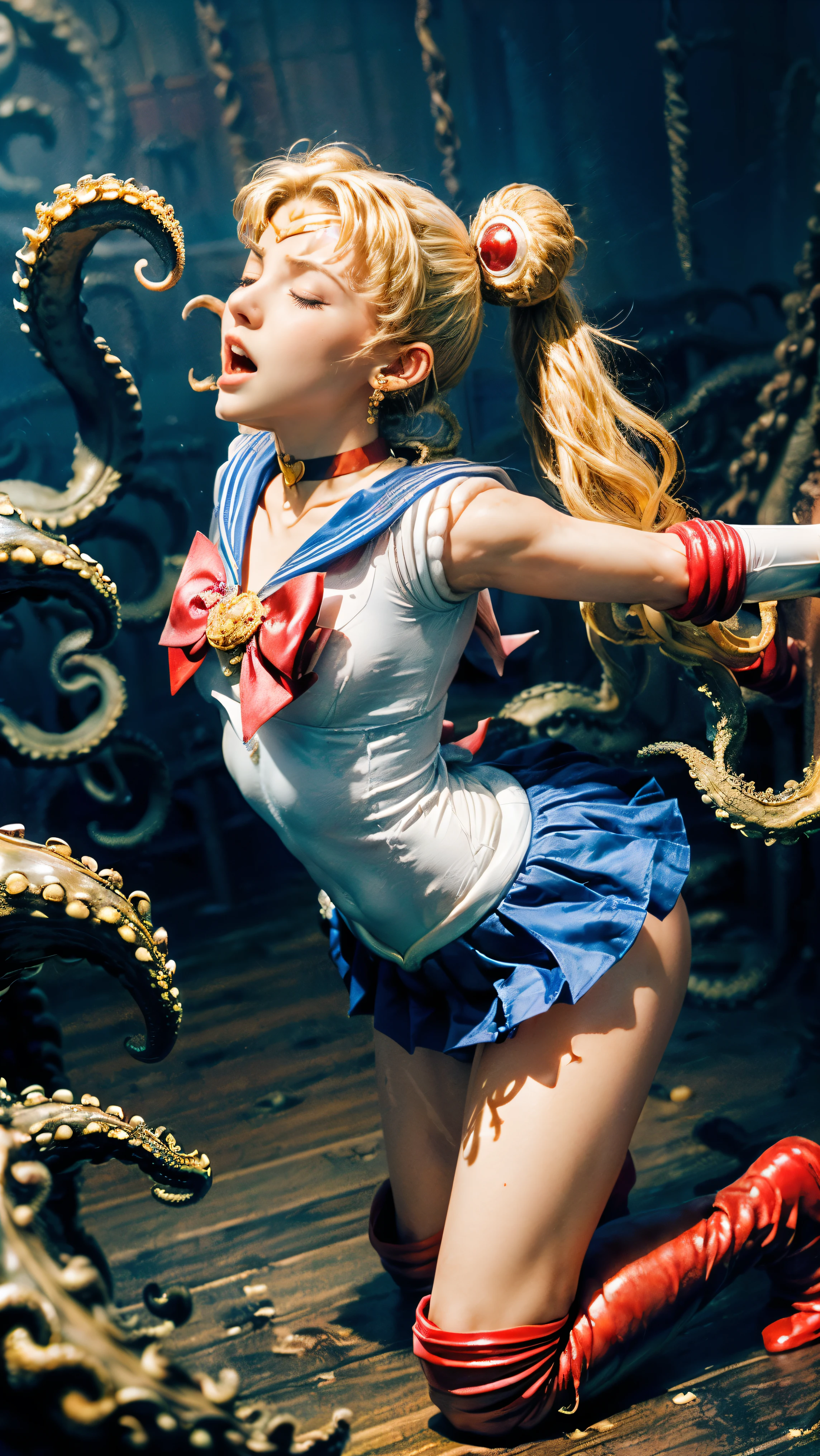 (The 8k quality, Ultra-high resolution quality, Ultra high definition, Photorealistic, Best Quality):5.5, (master piece):5.0, (no nsfw, (tentacle attack, tentacle wrapped body), The extreme oily skin Kraken uses its many legs to wrap around sailor moon's body violently, (depiction of rape by KRAKEN):1.5):15.0, (camera angle from oblique view):7.0, (Beautifully shaped sailor moon fighting KRAKEN, (moon, blonde hair, (twin tail hair), sailor senshi uniform, sailor collar, red bow, knee boots, red choker, white gloves, red choker, elbow gloves, jewelry, earrings, blue skirt, white pantie), a little smaller breasts, bending backward, kneeling, striding on KRAKEN's leg, medium build, medium height):15.0, (sailor moon's body bound by many Kraken legs, attack KRAKEN's legs with golden chains):10.0, (closed eyes, screaming expression face):5.0, (Deck of an abandoned ship):4.0,