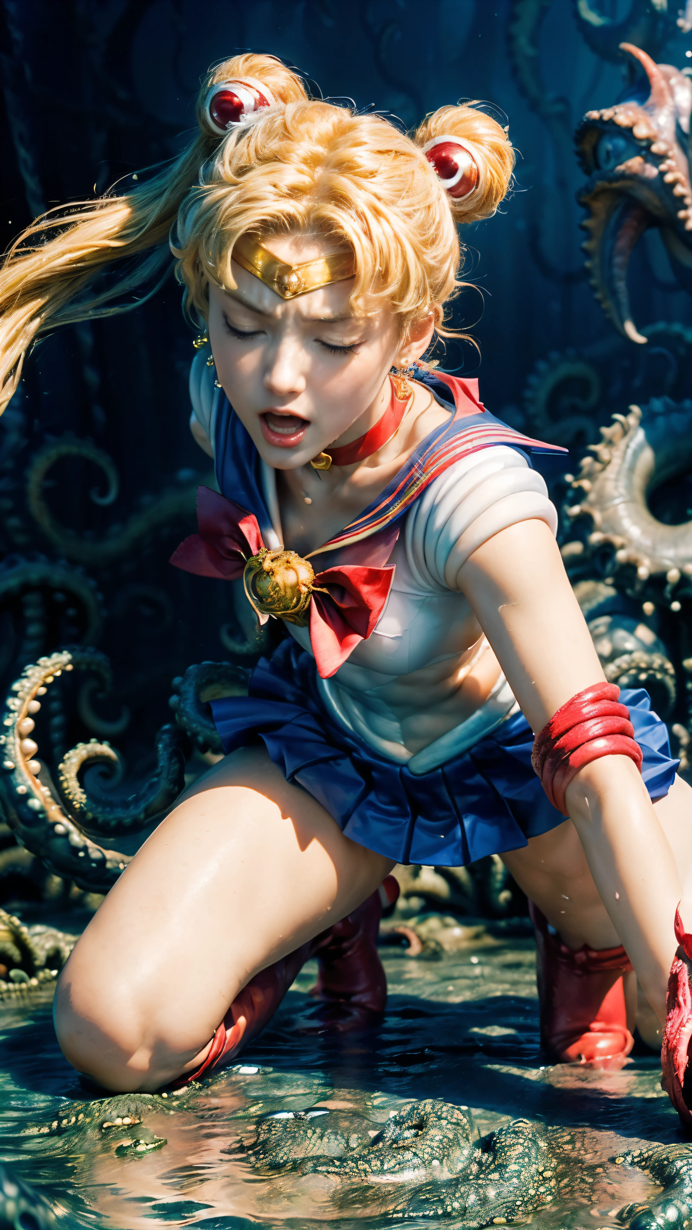 (The 8k quality, Ultra-high resolution quality, Ultra high definition, Photorealistic, Best Quality):5.5, (master piece):5.0, (no nsfw, (tentacle attack, tentacle wrapped body), The extreme oily skin Kraken uses its many legs to wrap around sailor moon's body violently, (depiction of rape by KRAKEN):1.5):15.0, (camera angle from oblique view):7.0, (Beautifully shaped sailor moon fighting KRAKEN, (moon, blonde hair, (twin tail hair), sailor senshi uniform, sailor collar, red bow, knee boots, red choker, white gloves, red choker, elbow gloves, jewelry, earrings, blue skirt, white pantie), a little smaller breasts, bending backward, kneeling, striding on KRAKEN's leg, medium build, medium height):15.0, (sailor moon's body bound by many Kraken legs, attack KRAKEN's legs with golden chains):10.0, (closed eyes, screaming expression face):5.0, (Deck of an abandoned ship):4.0,