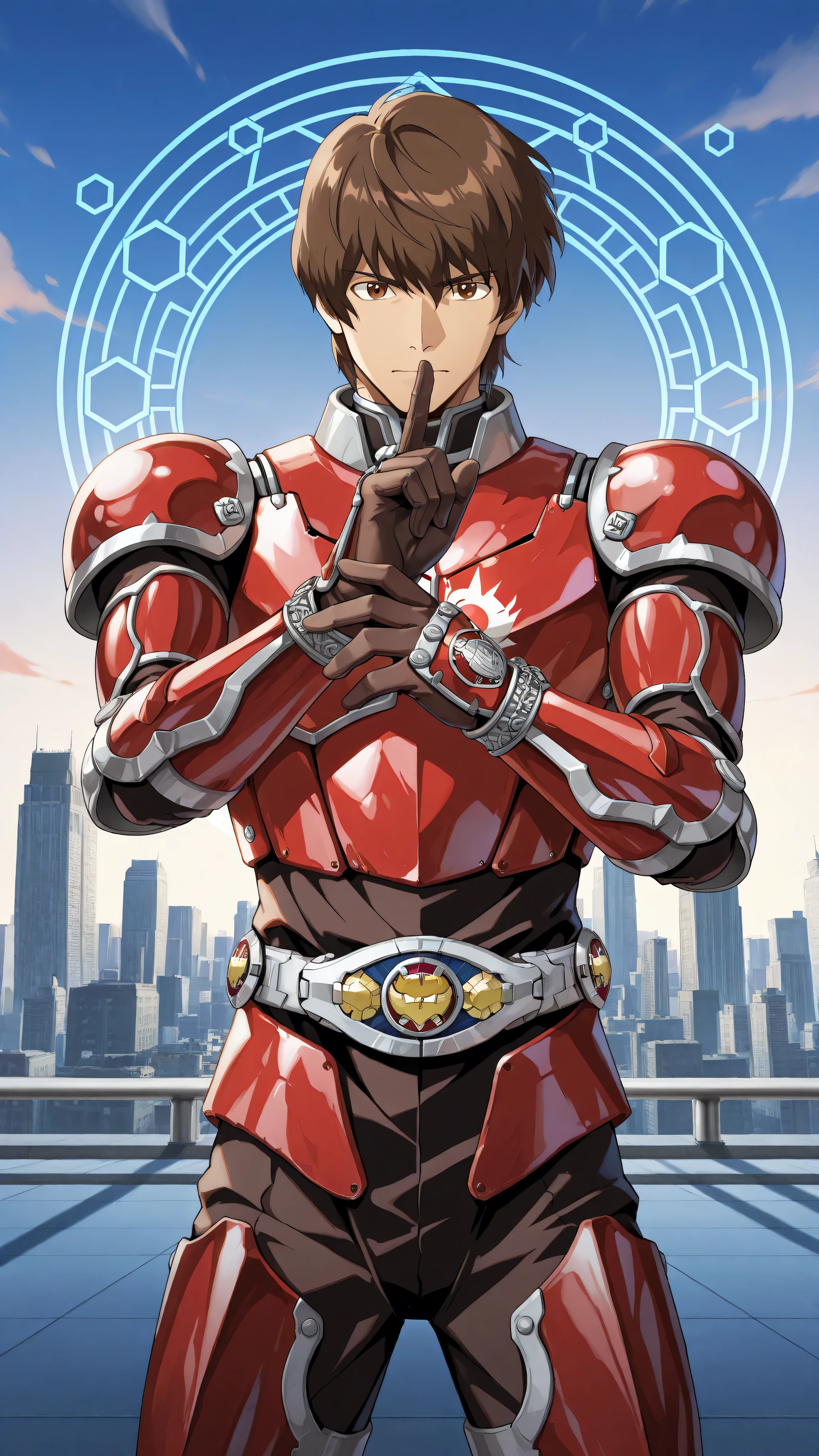1Man,alone, male focus ,brown hair, Tall Body , Finger Gloves , Red and white metal armor,white belt with orange hexagon buckle,Brown Eyes,will,City Waterfront ,Daytime ,anime style