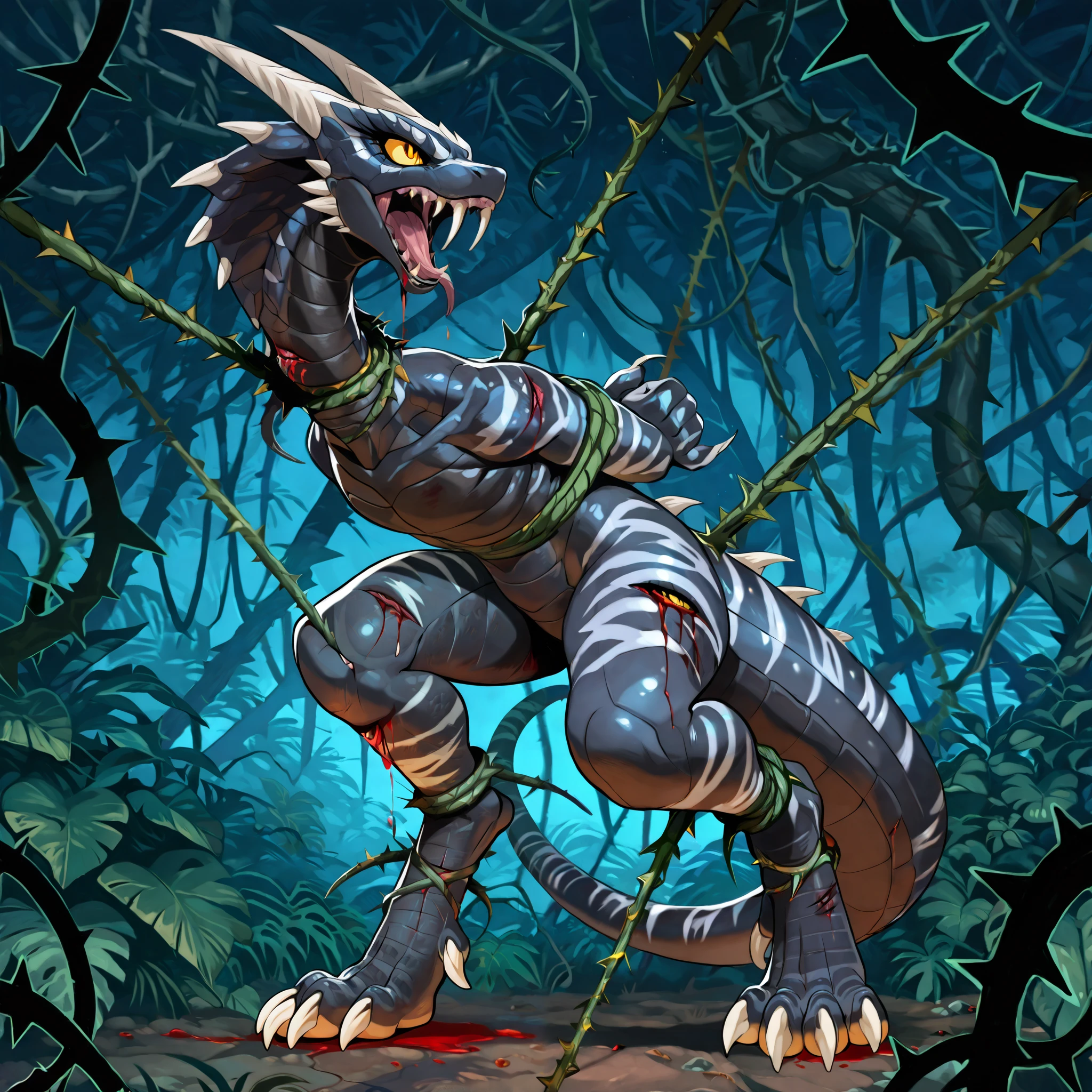 masterpiece, best quality, anime style, anime shading, full body picture, centered, alone, solo focus, female dinosaur, (cobra), monstrous body shape, ((vertigo)), yellow eyes, black scaled body, dark grey striped body, white claws, (horns:1.2), (fangs), digitigrade legs, ((in a jungle at night)), ((tied up by thorns)), ((wounded, bleeding)), ((trying to escape thorns) ), ((agonized scream)), score_9_up, score_8_up, score_7_up, score_6_up, score_5_up