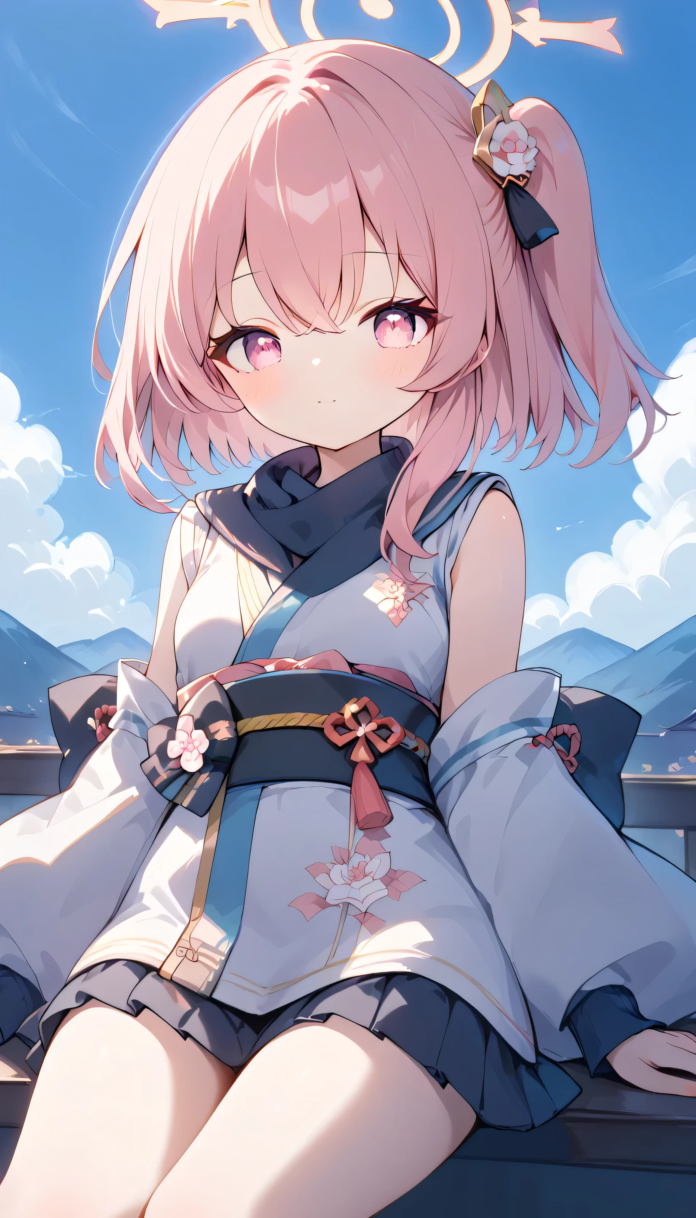 Serina (blue archive),pink eyes,pink hair,one side up,halo, sleeveless, Heart, japanese clothes, Alone, eyebrows can be seen from inside the hair, hair between eyes, viewers, masterpiece, best quality, very aesthetic, thick thighs, Outdoors night view Night Sky Building district neon lights downtown rooftop ビルのrooftop