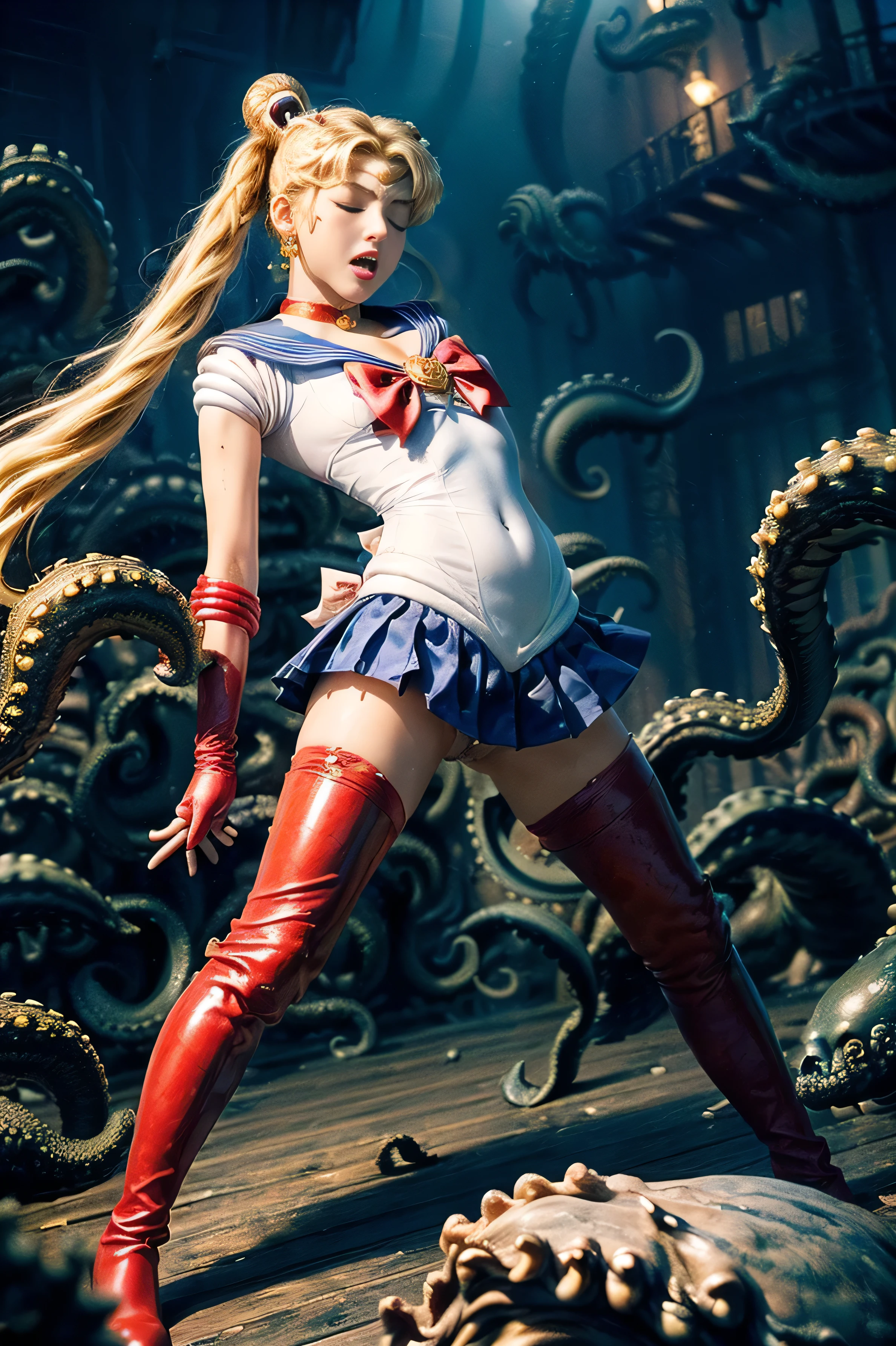 (The 8k quality, Ultra-high resolution quality, Ultra high definition, Photorealistic, Best Quality):5.5, (master piece):5.0, (no nsfw, (tentacle attack, tentacle wrapped body), The extreme oily skin Kraken uses its many legs to wrap around sailor moon's body violently, (depiction of rape by KRAKEN):1.5):15.0, (camera angle from front below view):7.0, (Beautifully shaped sailor moon fighting KRAKEN, (moon, blonde hair, (twin tail hair), sailor senshi uniform, sailor collar, red bow, knee boots, red choker, white gloves, red choker, elbow gloves, jewelry, earrings, blue skirt, white pantie), a little smaller breasts, bending backward, kneeling, striding on KRAKEN's leg, medium build, medium height):15.0, (sailor moon's body bound by many Kraken legs, attack KRAKEN's legs with golden chains):10.0, (closed eyes, screaming expression face):5.0, (Deck of an abandoned ship):4.0,