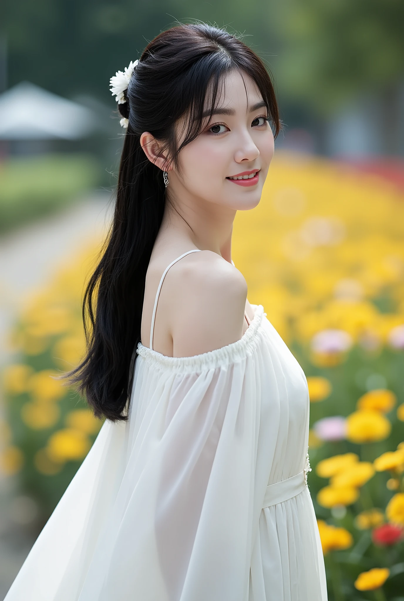 Create a stunning portrait of a beautiful Japanese actress with porcelain skin and tousled, long black hair. She is wearing a flowing pure white dress, standing in a vibrant flower garden with a radiant smile. The scene is illuminated with cinematic lighting, enhancing the ethereal quality of the moment.