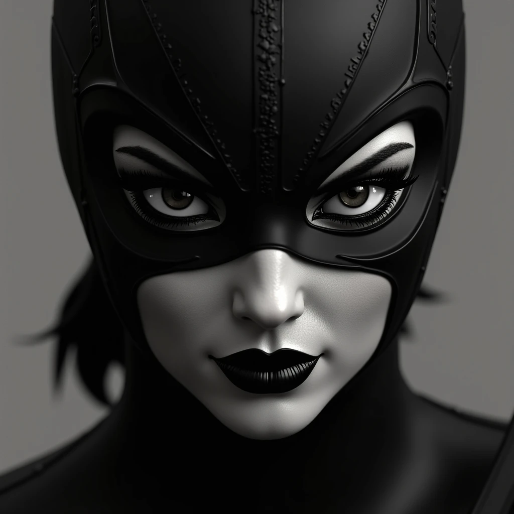 Solo focus, black and white, high contrast, night, masterpiece, intricate details, award winning pertrait of a beautiful ebony catwoman, sensual pose, perfect face, intricate details, eye mask, Batman Animated Style
