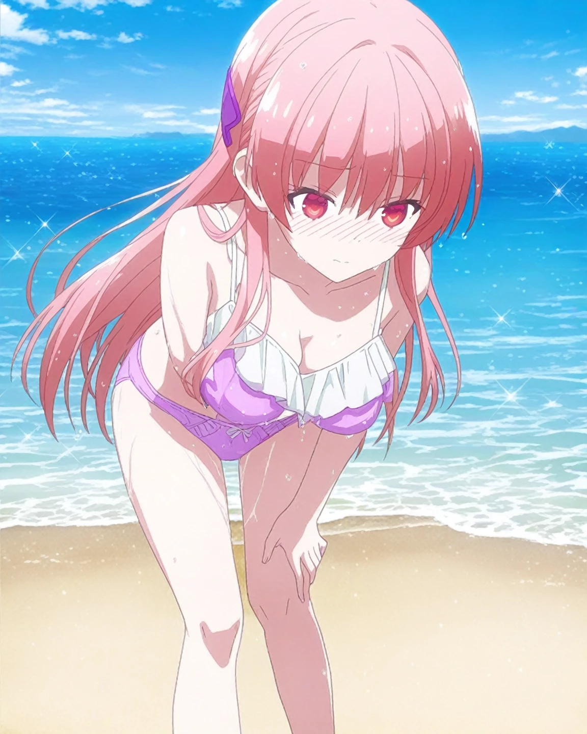 shikimorisan, pink hair, long hair, blue eyes, hair between eyes, bangs, black bikini, full body shot, beach, ocean, best quality,4k,8k,highres,masterpiece:1.2,