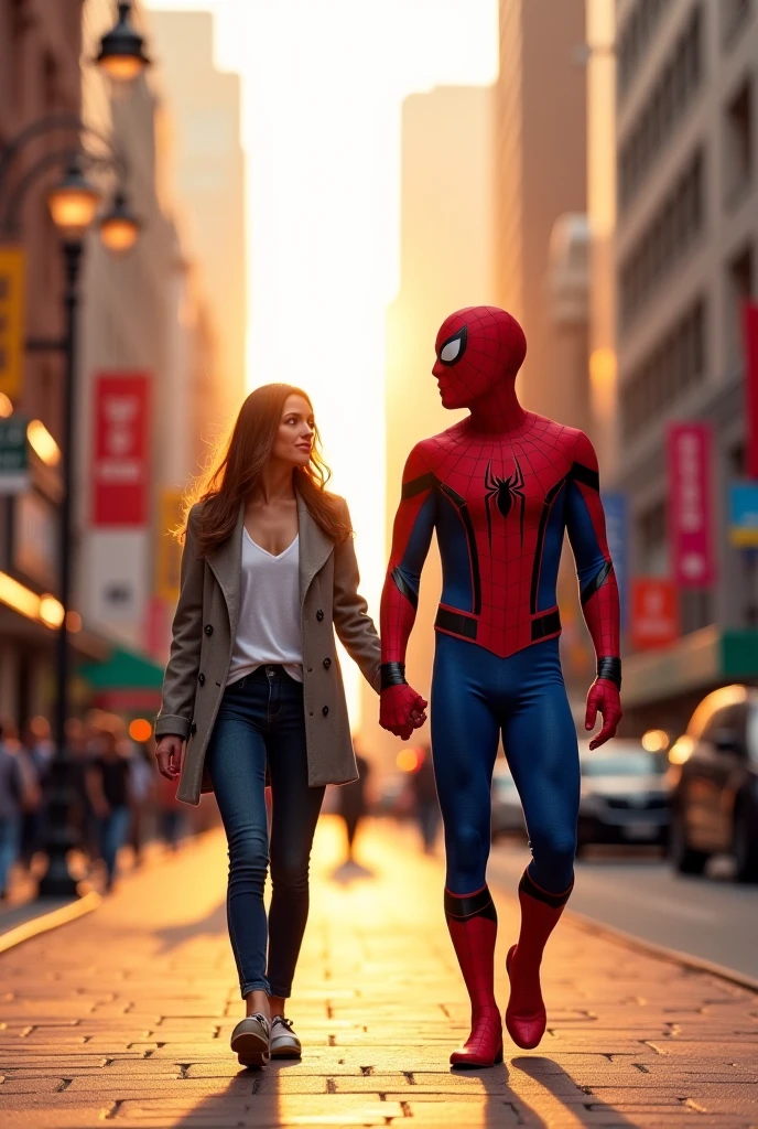 A beautiful woman wearing jeans and high heels is walking on the street, with SpiderMan standing next to her.