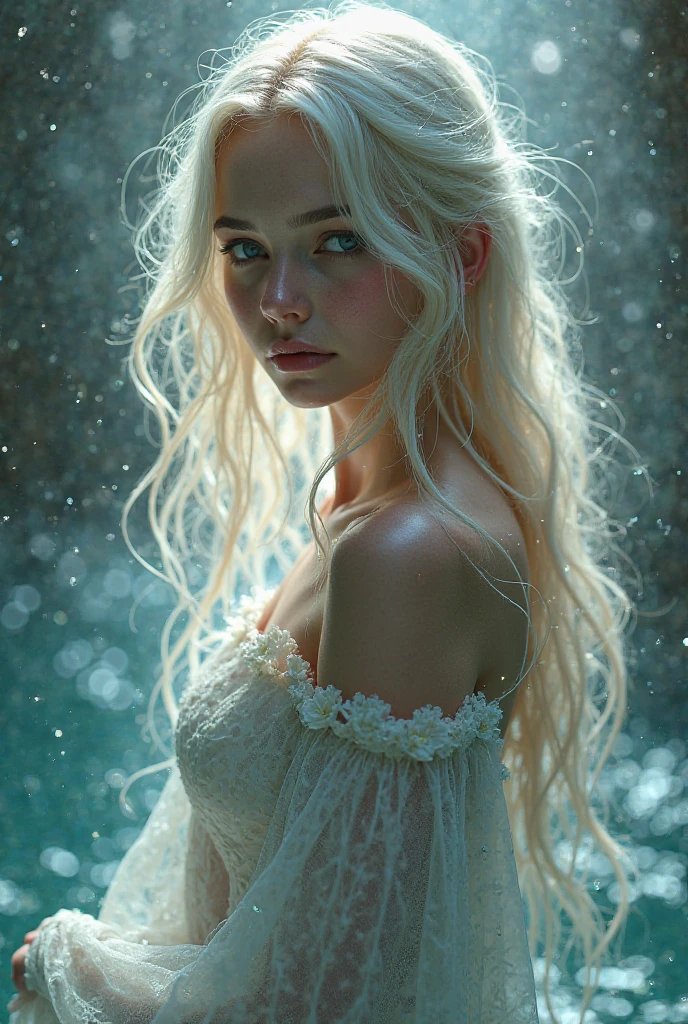 Feminine and elegant model with white hair and dark roots, she is 20 years old and has light green eyes. Eyes looking at the camera with seductive and confident face. Beautiful, healthy and nourished hair. Long and wavy hair. Very pale (white) skin. Brown eyebrows. Slim and small model body. Feminine and delicate face. Full lips. Long and beautiful eyelashes. Chin slightly divided. Girl of Russian ethnicity. He has a perfect body, without physical anomalies. He has five fingers on each hand. Totally symmetrical body. Professional image. Half body image. full body image. Image developed in a forest full of trees. she wears a dress. He holds a flower in his hand. In the image it is raining, the girl is soaked by the rain. Wet hair and clothes. 8k image, detailed face. excellent image quality.