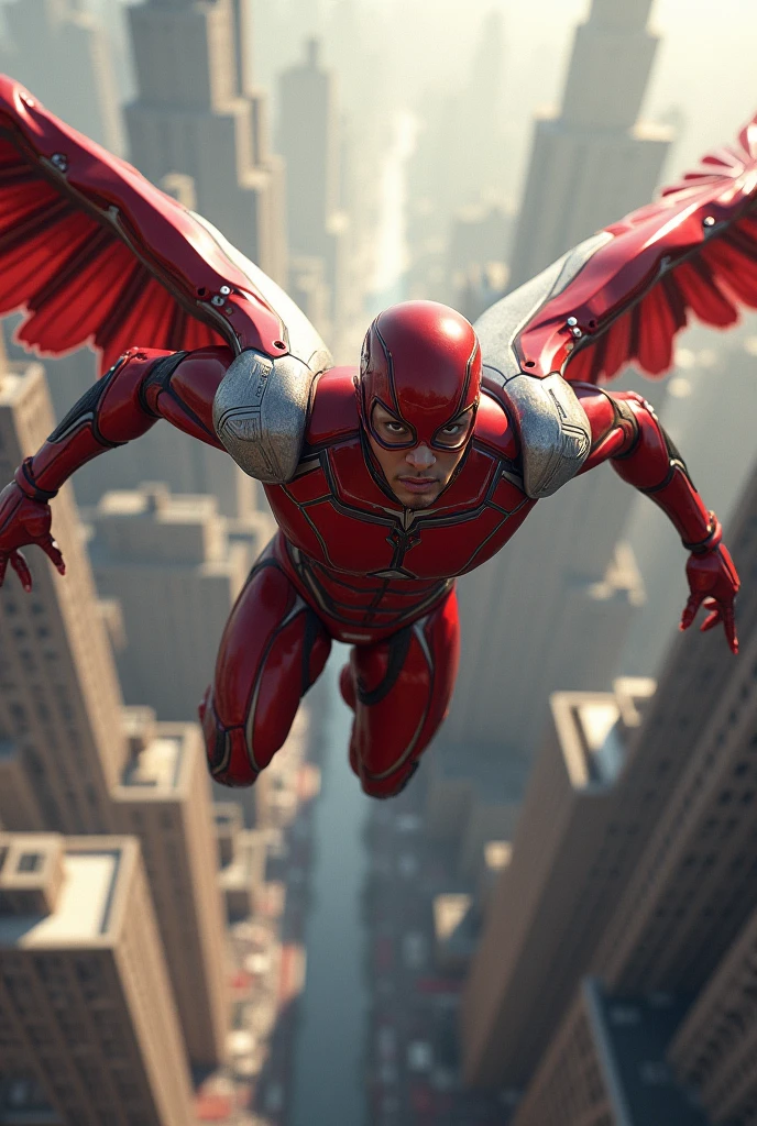 solo, masterpiece, best quality, medium shot of Falcon brown skinned guy with red aviator goggles. Modern metallic suit with mechanical wings coming out of it. Flying fighting stance, dynamic angle