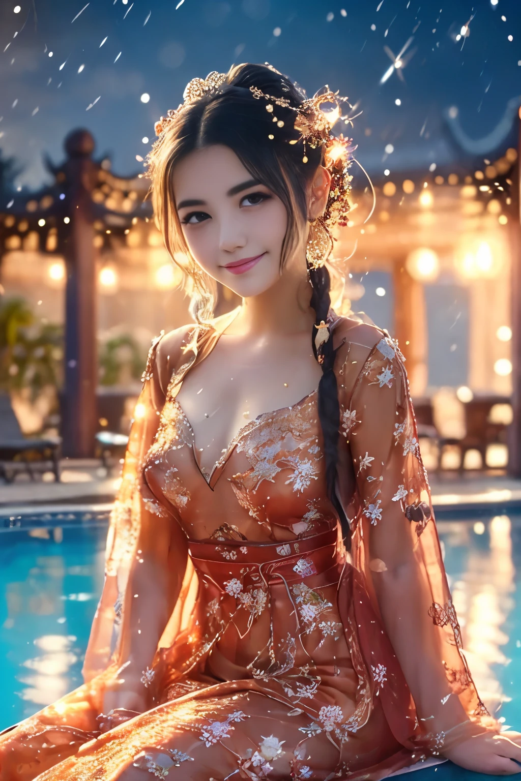 Beautiful girl with long hair, cngirl,AncheReddressgirl, wearing pool Chinese clothes at night, Around the pool there are beautiful lilies , and thousands of fireflies flying with it, with starry sky, Masterpiece, reality picture, 8k, very good quality, ponytail, Multicolored hair, Masterpiece, shout, Details, high quality walkers, HD, chest, is happy, Food on the front,