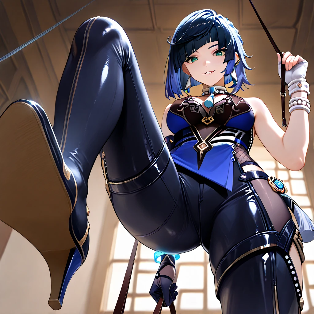 purple eyes, pointy ears, long black hair, anime girl in a purple outfit is doing a kick on a wooden floor, character from king of fighters, juri misaki, misato katsuragi, as a character in tekken, dead or alive 6, hq artwork, fighting game character, juri han from street fighter, badass pose, inspired by Li Shida, hinata hyuga, kate bishop, hollow eyes, facing viewer, upper teeth, lips, purple eyes, smirk,