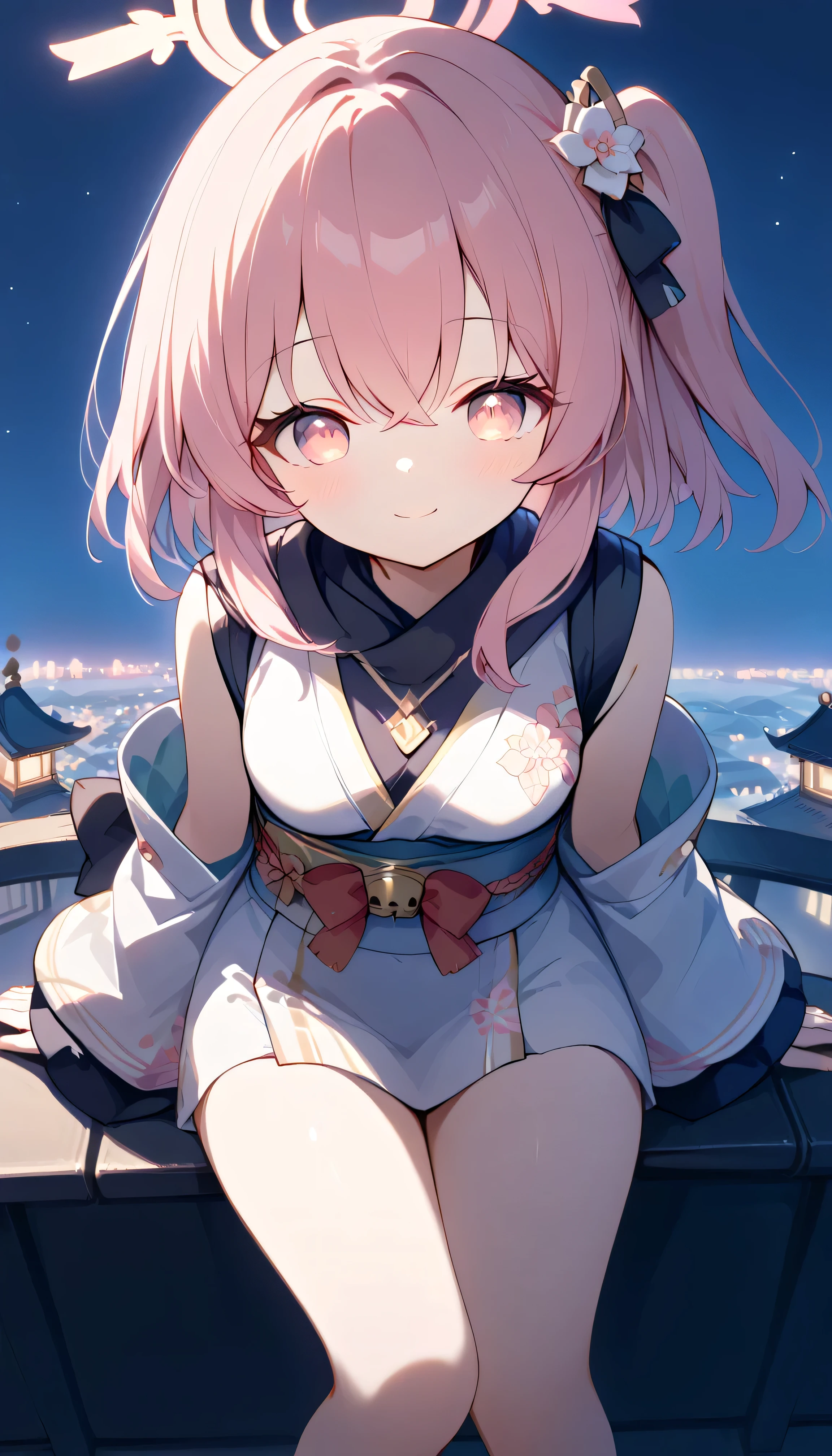 Serina (blue archive),pink eyes,pink hair,one side up,halo,　sleeveless, Heart, japanese clothes, Alone, eyebrows can be seen from inside the hair, hair between eyes, viewers, masterpiece, best quality, very aesthetic, thick thighs,　Outdoors　 night view　Night Sky　Building district　neon lights　 downtown　rooftop　ビルのrooftop　is standing　smile　closed mouth