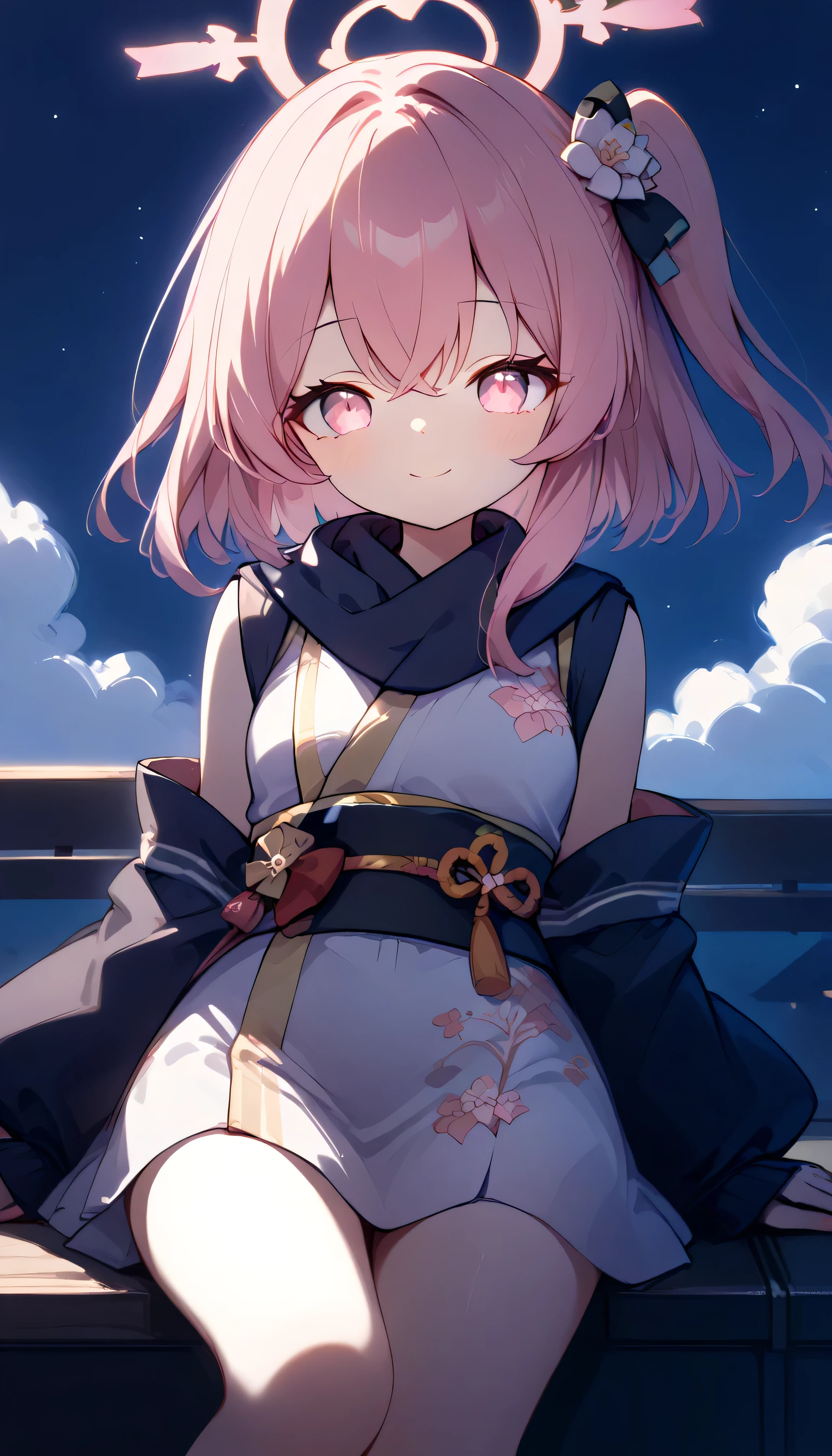 Serina (blue archive),pink eyes,pink hair,one side up,halo, sleeveless, Heart, japanese clothes, Alone, eyebrows can be seen from inside the hair, hair between eyes, viewers, masterpiece, best quality, very aesthetic, thick thighs, Outdoors night view Night Sky Building district neon lights downtown rooftop ビルのrooftop is standing smile closed mouth