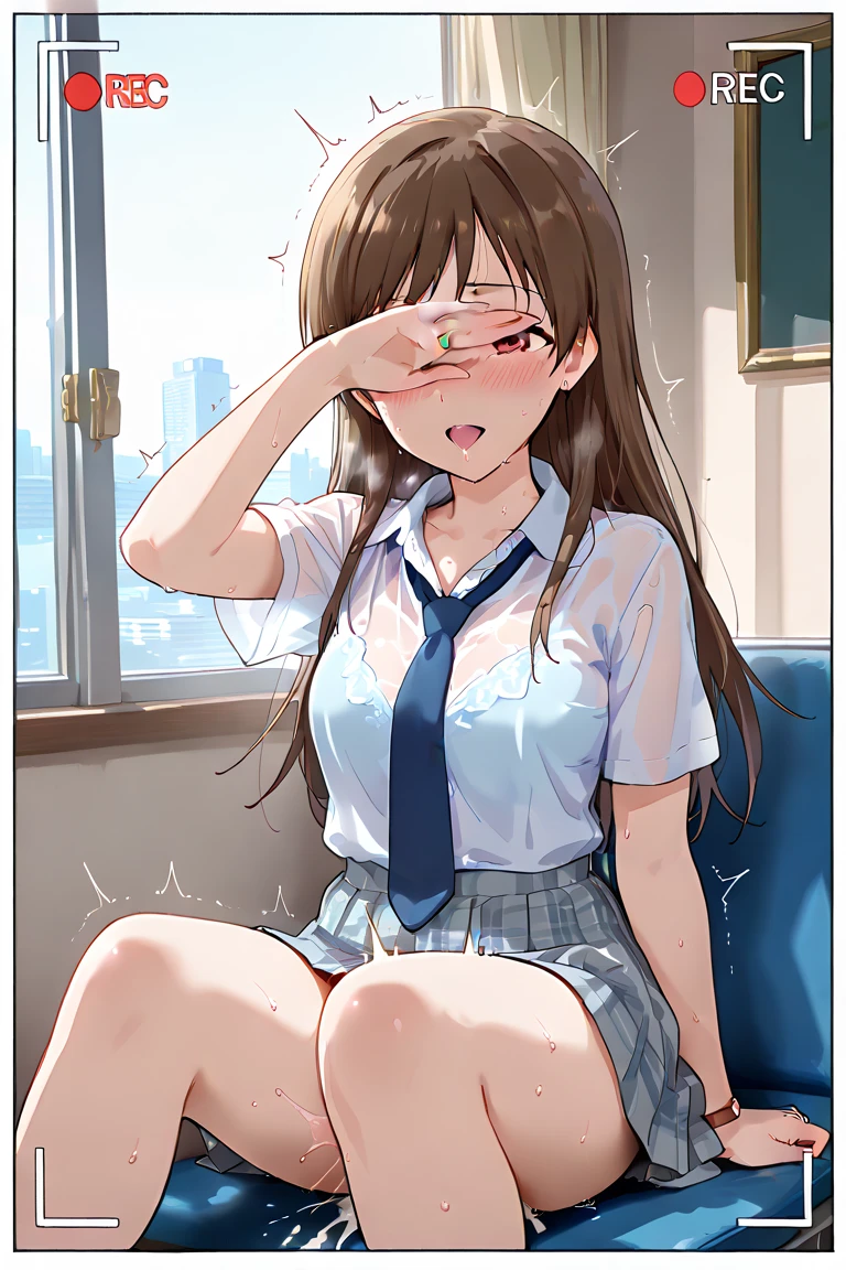 (masterpiece, best quality:1.5), (ultra detailed, high resolution, 8k, beautiful detailed, UHD, best anatomy), black hair, small breasts, 1 girl, closed eyes, kissy face, A hopeful background, front view, cardigan, flared skirt, business shirt, Come closer to pov, bent forward