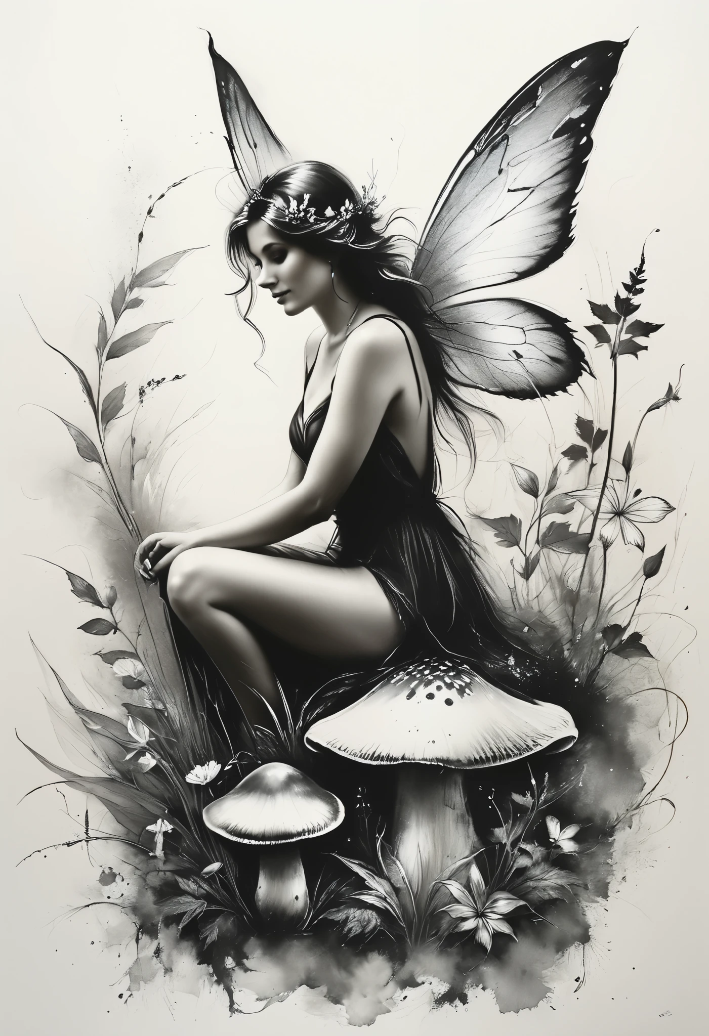 Charcoal and chalk drawings. Create a gentle and whimsical tattoo featuring a fairy with thin wings, sitting on a mushroom. The tattoo has a magical and playful meaning, symbolizing the wonder of your life. The tattoo is designed with floral accents, giving it a charming and ethereal look.
Anders Zorn style painting workshop, by Aleksi Briclot, Luis Royo
