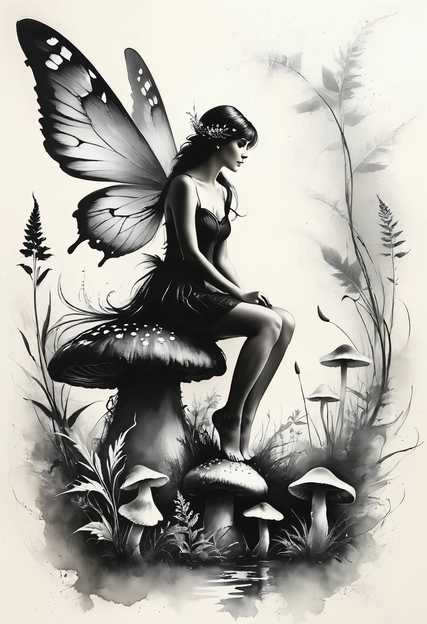 Charcoal and chalk drawings. Create a gentle and whimsical tattoo featuring a fairy with thin wings, sitting on a mushroom. The tattoo has a magical and playful meaning, symbolizing the wonder of your life. The tattoo is designed with floral accents, giving it a charming and ethereal look.
Anders Zorn style painting workshop, by Aleksi Briclot, Luis Royo