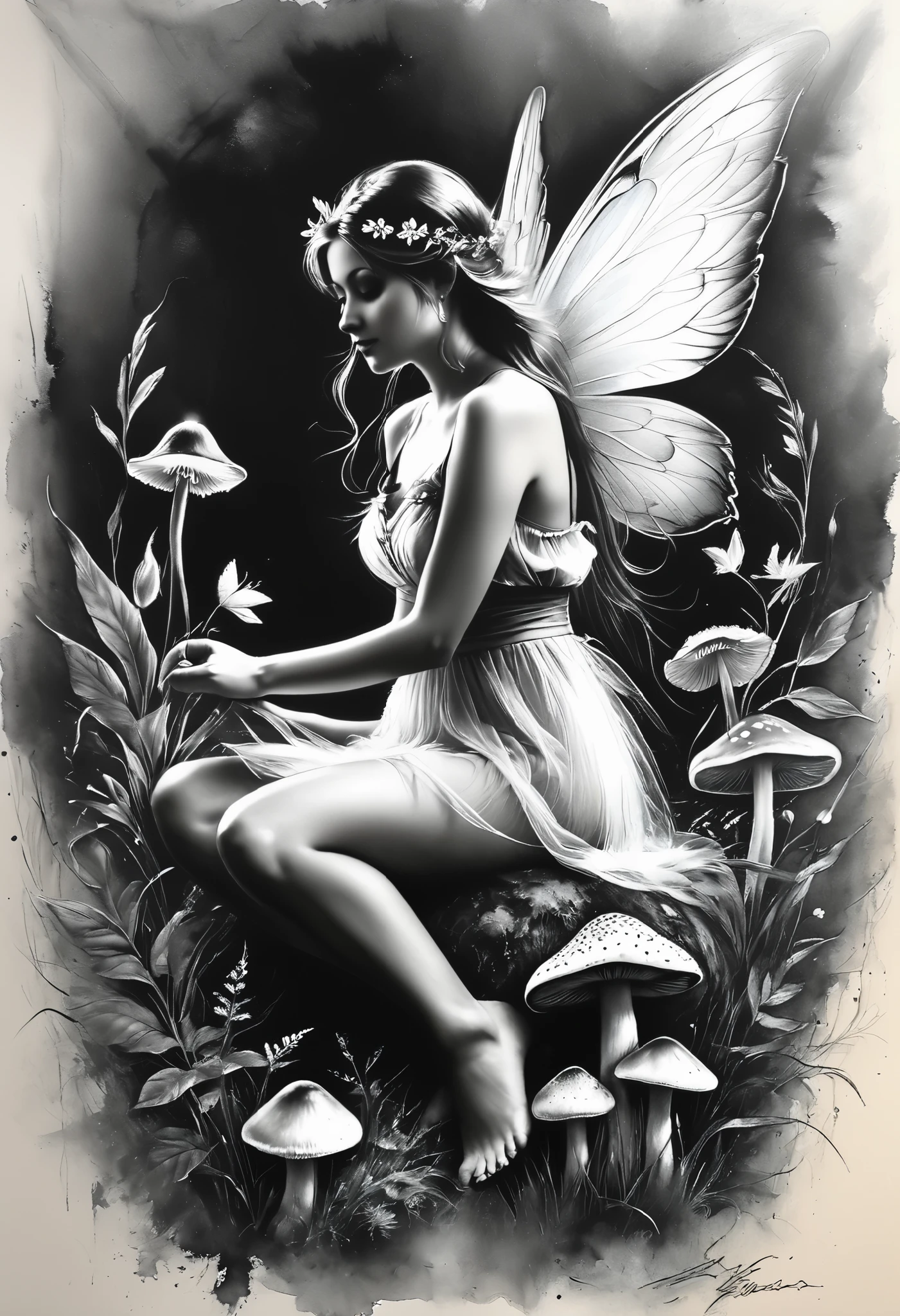 Charcoal and chalk drawings. Create a gentle and whimsical tattoo featuring a fairy with thin wings, sitting on a mushroom. The tattoo has a magical and playful meaning, symbolizing the wonder of your life. The tattoo is designed with floral accents, giving it a charming and ethereal look.
Anders Zorn style painting workshop, by Aleksi Briclot,  Luis Royo 