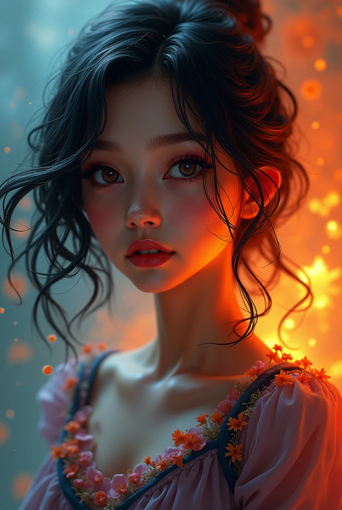 (bare shoulders:0.85), ((nude:1)),(boobs naked:0.55), (Glowing ambiance, enchanting radiance, luminous lighting, ethereal atmosphere, mesmerizing glow, evocative hues, captivating coloration, dramatic lighting, enchanting aura),1girl, masterpiece,best quality, 1girl, (in smoke:1.1),(dynamic smokeanywhere:1.4),(upper body:1.2),((nipples:0.55)),(1 Chinese patterns in the middle of the girl's forehead),girl with a weak temperament, epic cinematic, soft nature lights, rim light, absurd, amazing, funny, itricate, hyper detailed, ultra realistic, soft colors,