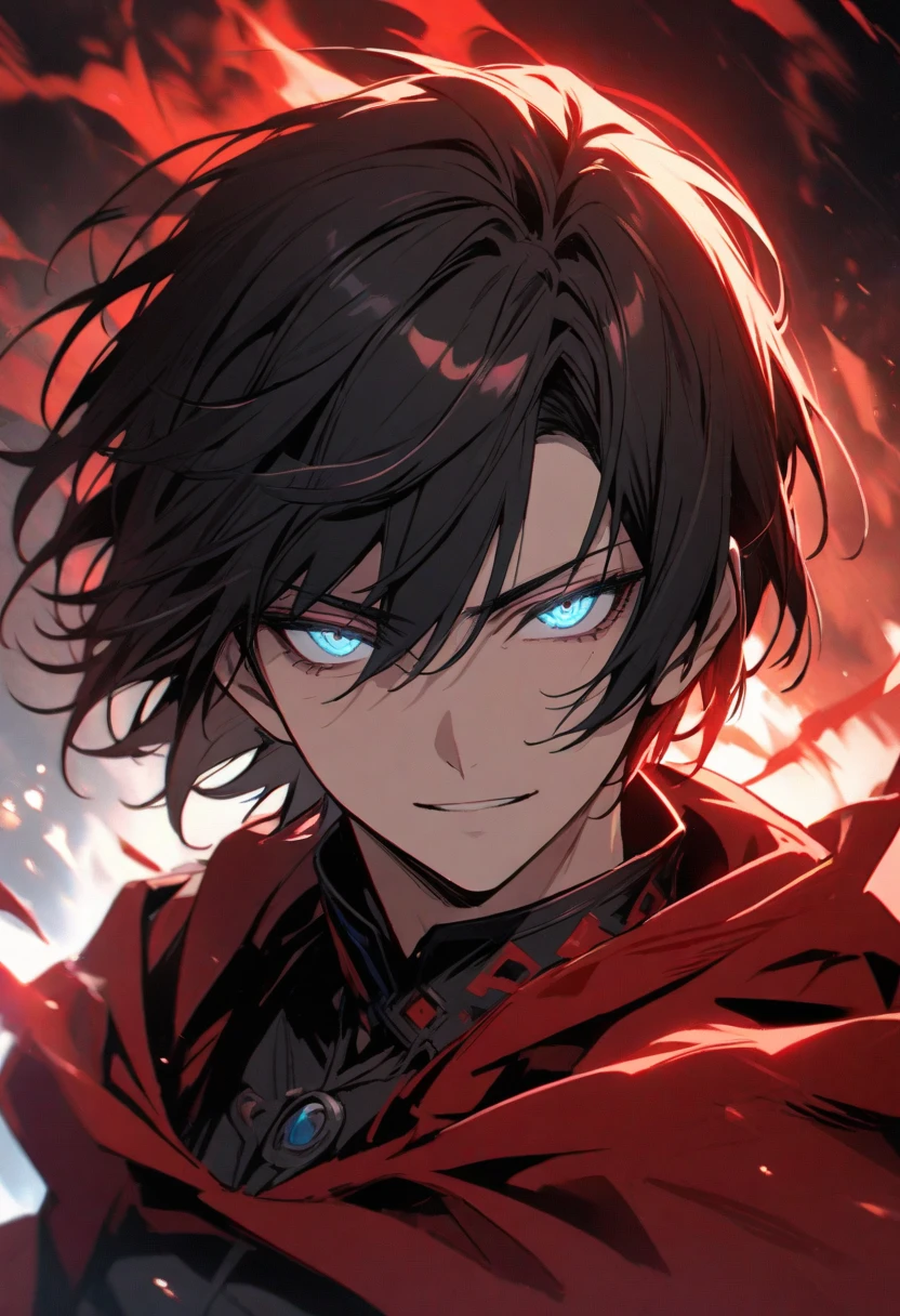 Male, solo, handsome, black hair, blue eyes, red cloak, young, half body, glowing eyes
