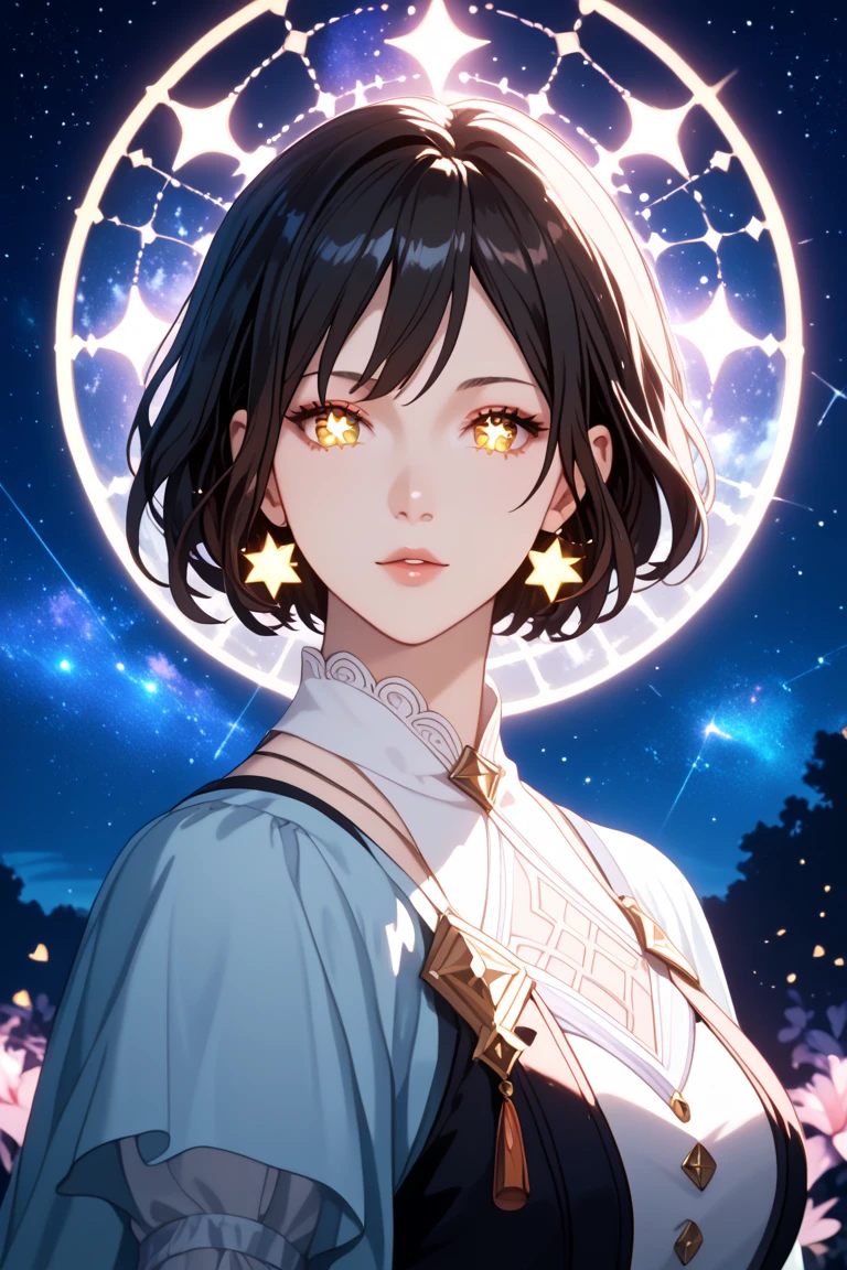 A highly detailed close-up of anime eyes, both eyes fully visible from a front-facing perspective. Vibrant purple irises with glowing star-shaped pupils, celestial reflections, and a dreamy fantasy aesthetic. The character has red and black hair with a white streak, matching the original hairstyle. The eyes should have soft shading, intricate highlights, and a glossy finish. Inspired by the night sky and constellations, with cinematic lighting that enhances depth and glow. The image resolution should be exactly 1500 x 1500 pixels to ensure high quality and clarity